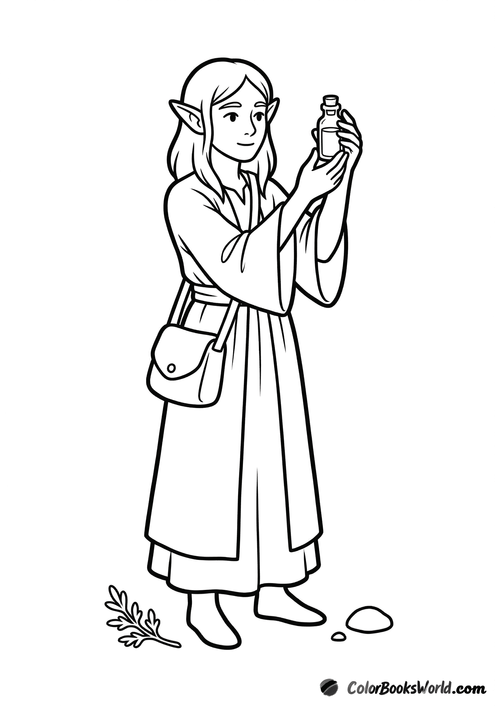 A friendly cartoon elf healer holding a small potion vial, with a sprig of herbs nearby.