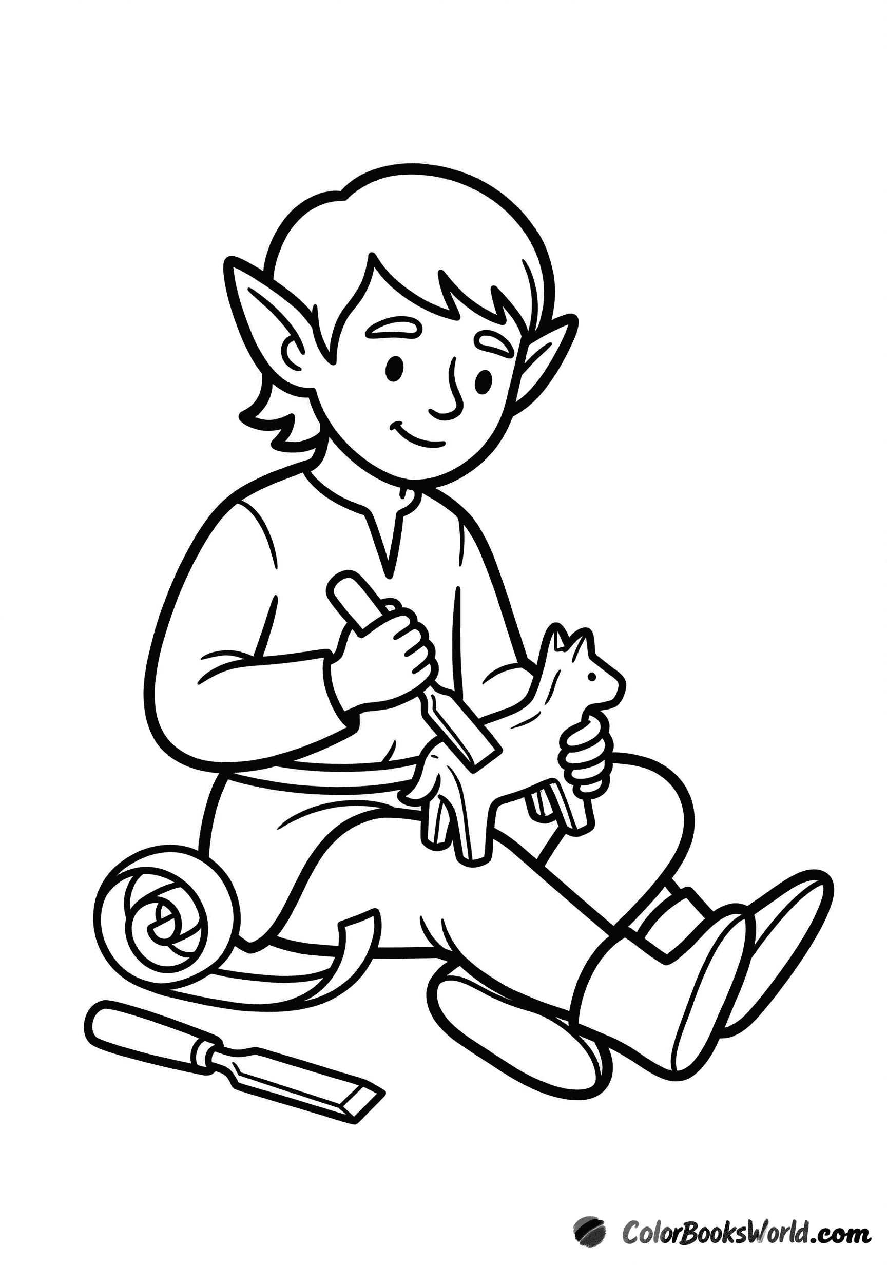 A cute cartoon elf sits carving a small wooden figurine with a chisel, with wood shavings nearby.