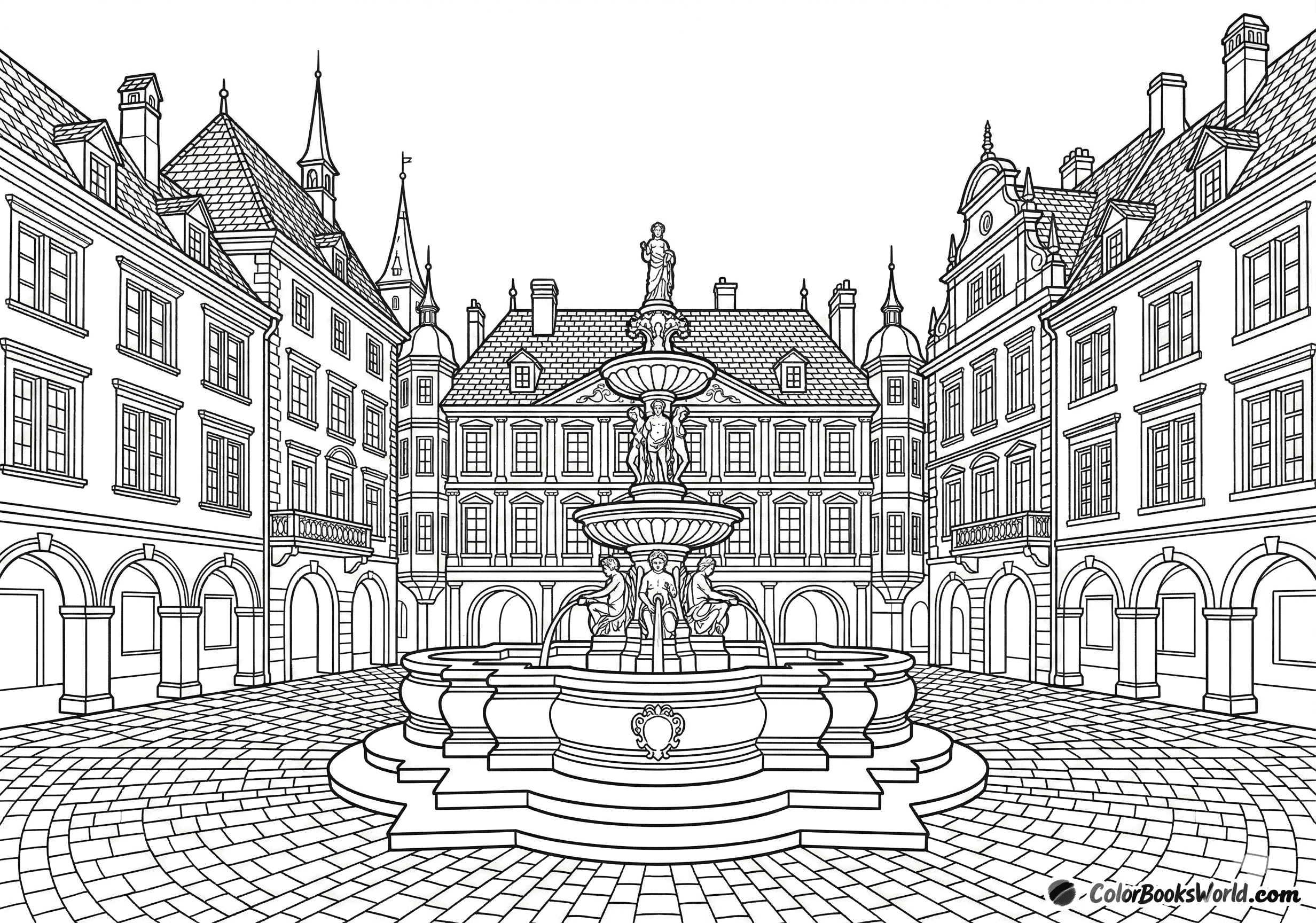 A classic European city square with a large central fountain surrounded by historic buildings and arcades.