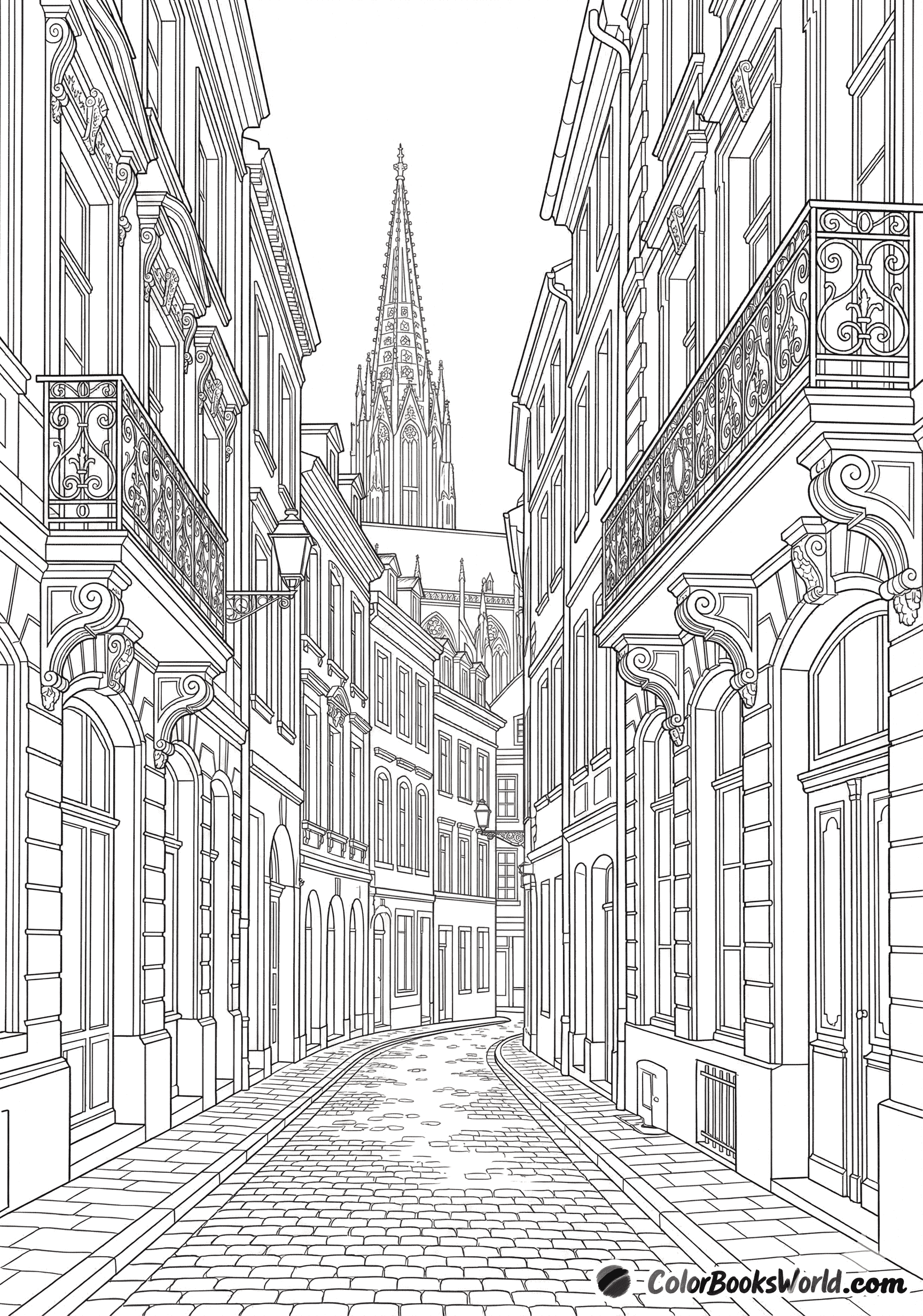 A narrow cobblestone street lined with historic buildings and ornate balconies leading to a tall cathedral spire.