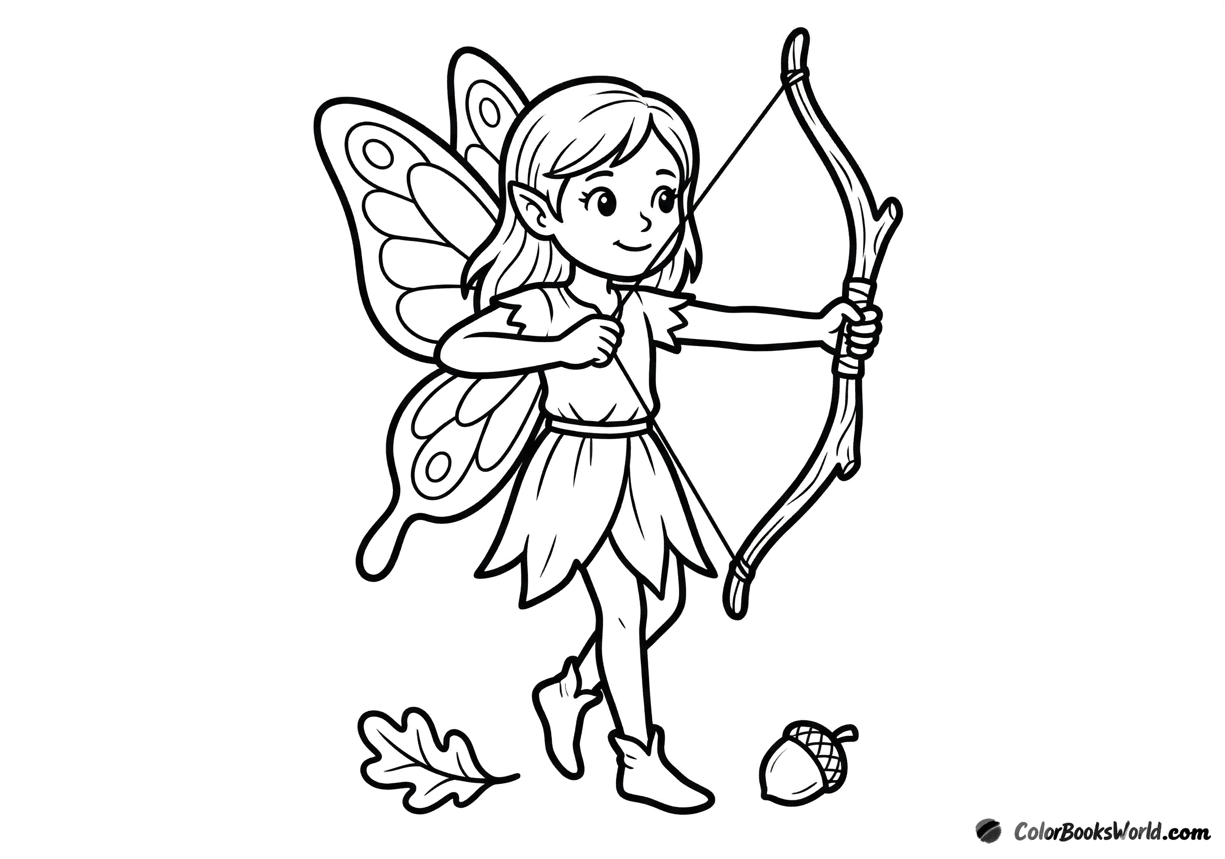 A cute fairy archer holds a bow made from a tree branch, with an acorn and a leaf nearby.