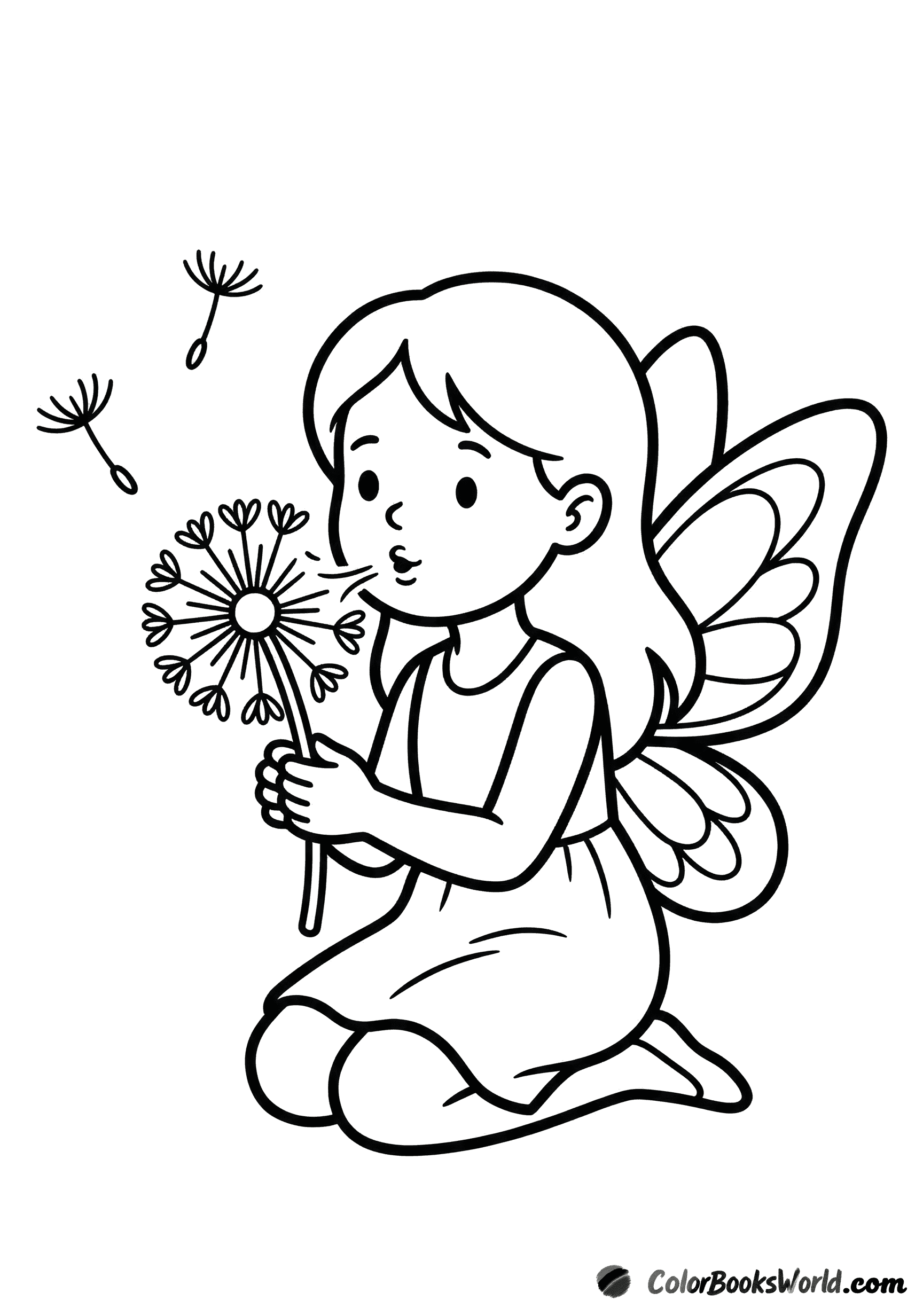 A cute fairy kneels and blows dandelion seeds from a fluffy dandelion head.