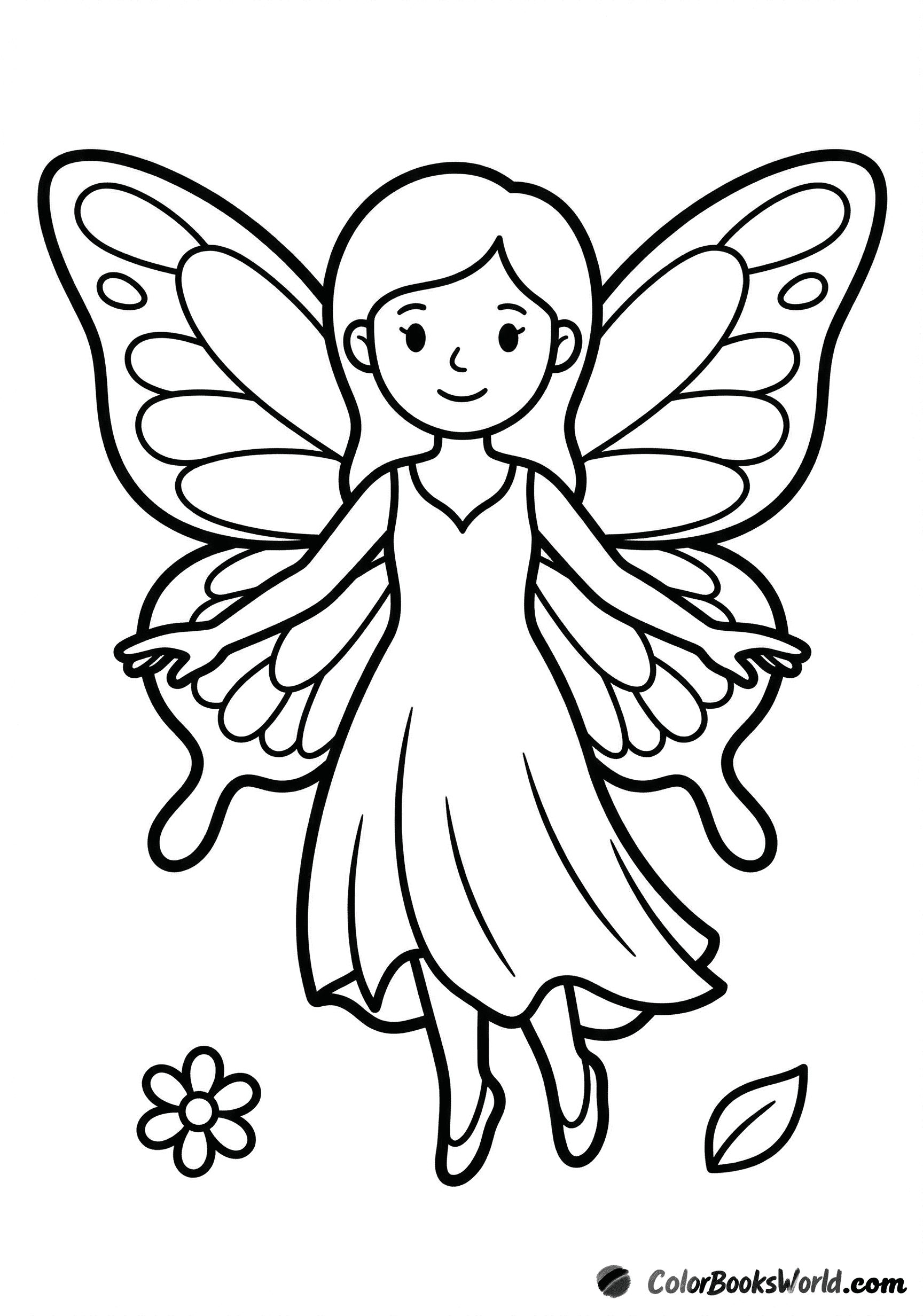 A full-body fairy with large butterfly wings stands beside a small flower and a leaf.