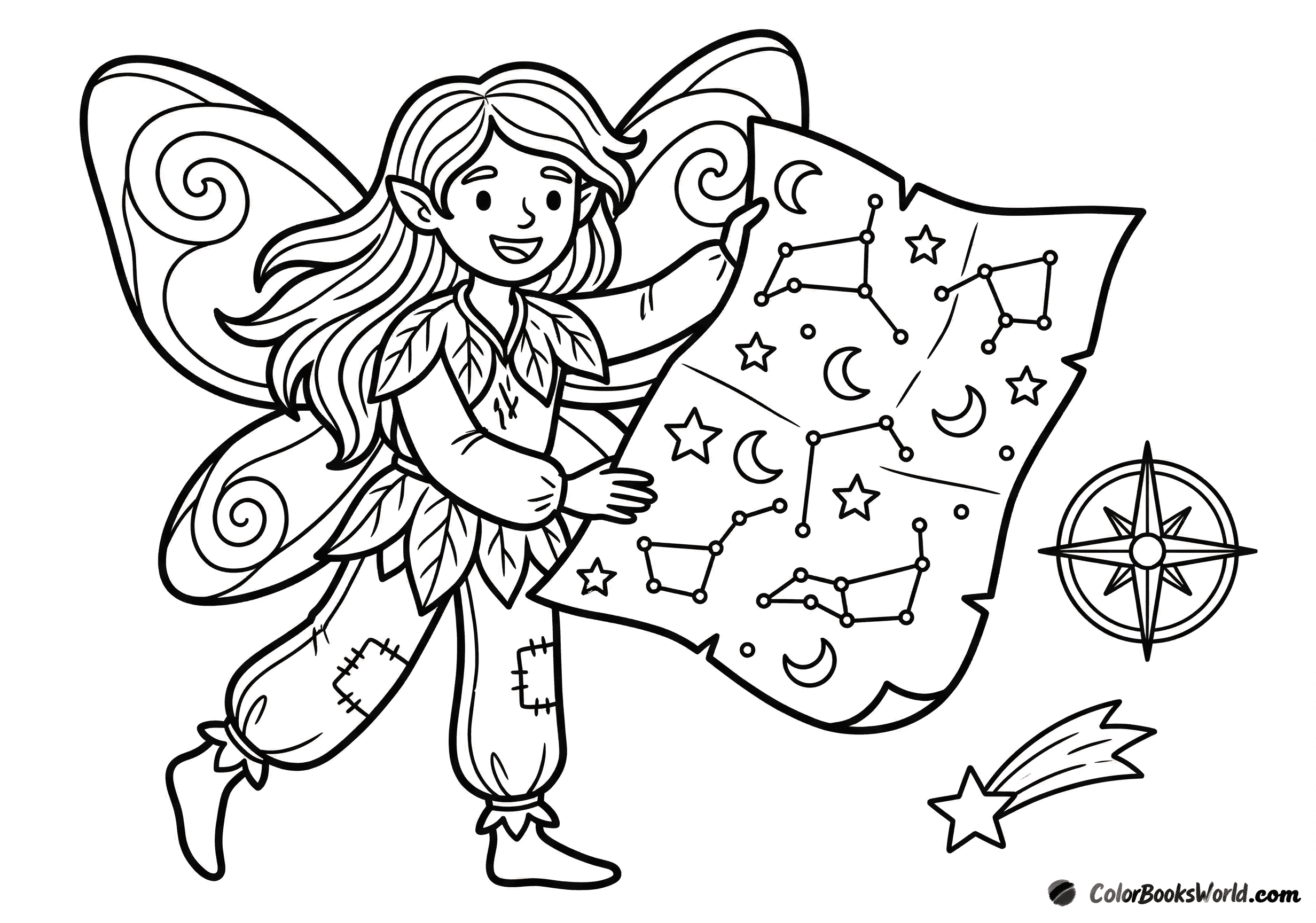 A fairy holds an unfolded star map with a compass rose, with a shooting star behind her.