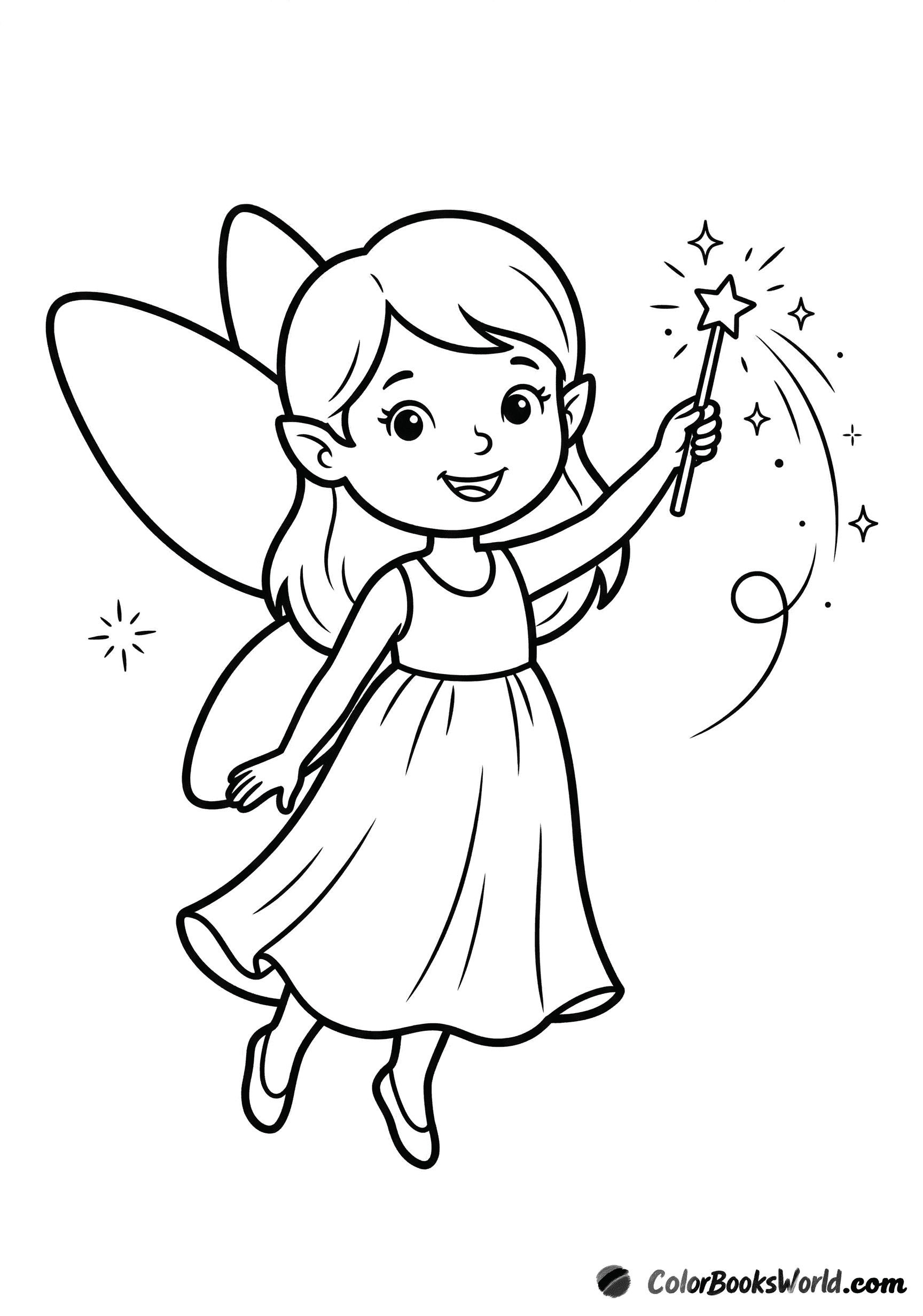 A friendly fairy waves a magic wand, creating sparkles, a starburst, and a swirling trail of magic.