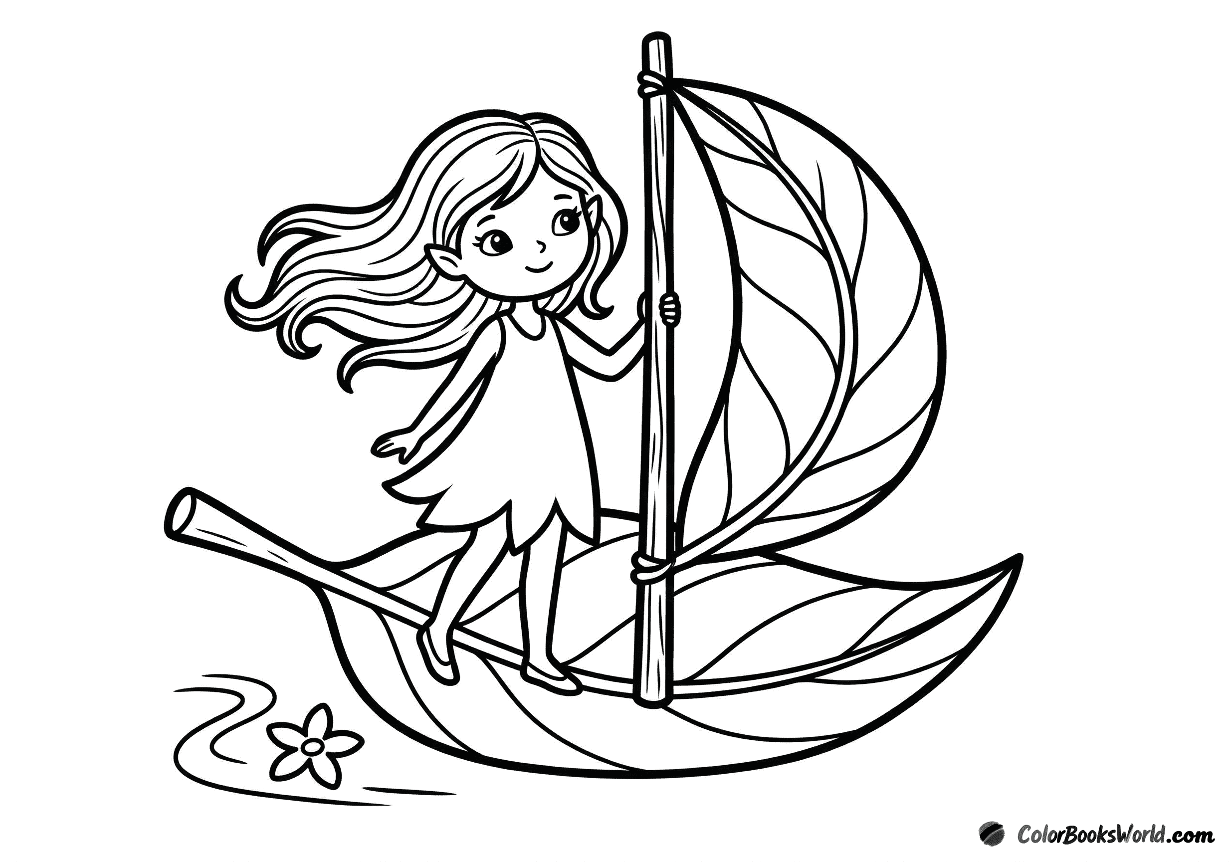 A cute fairy stands on a large leaf sailboat with a leaf sail, floating on water.