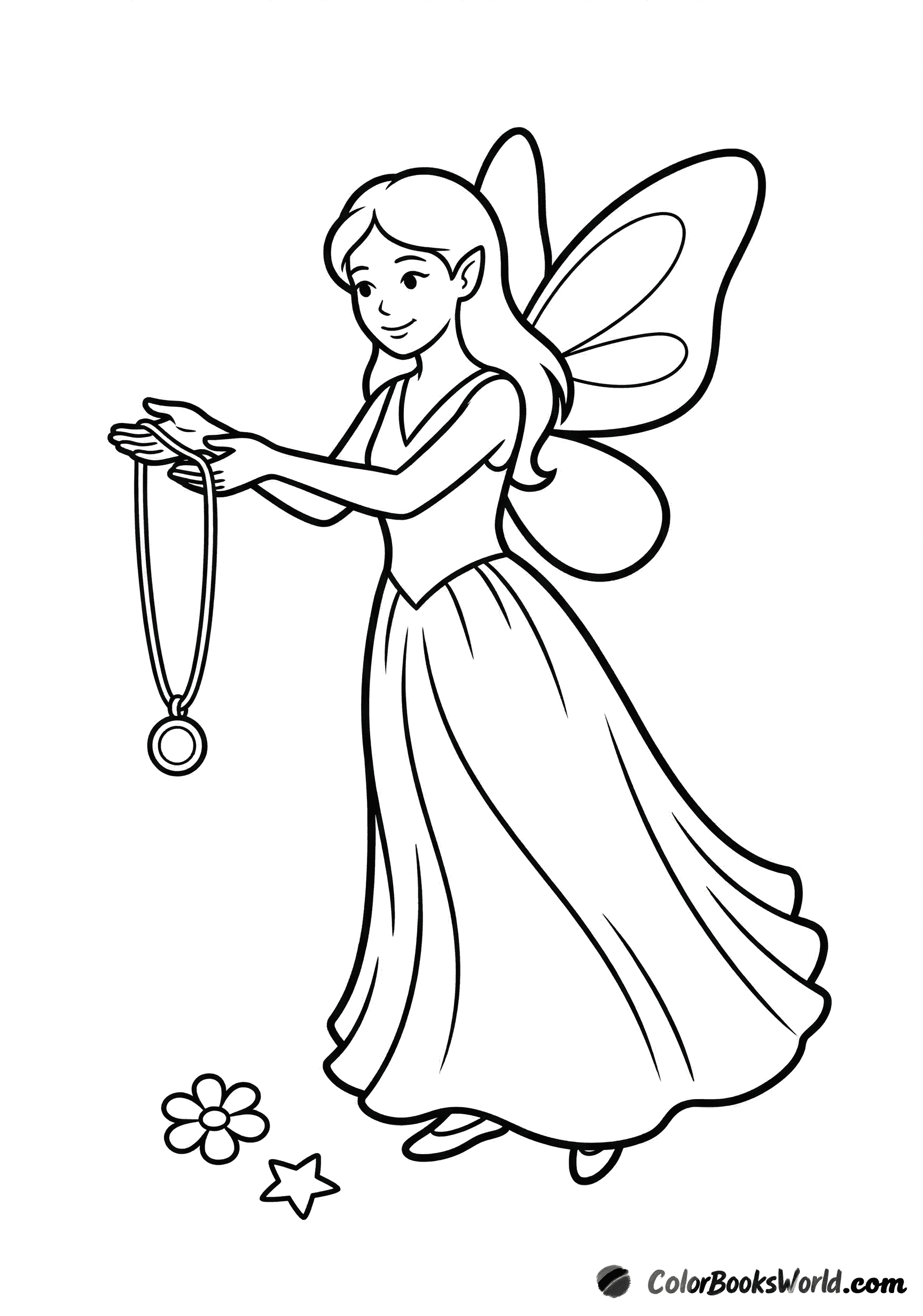 A cute fairy holds a star-shaped pendant on a chain, with a small flower and star nearby.