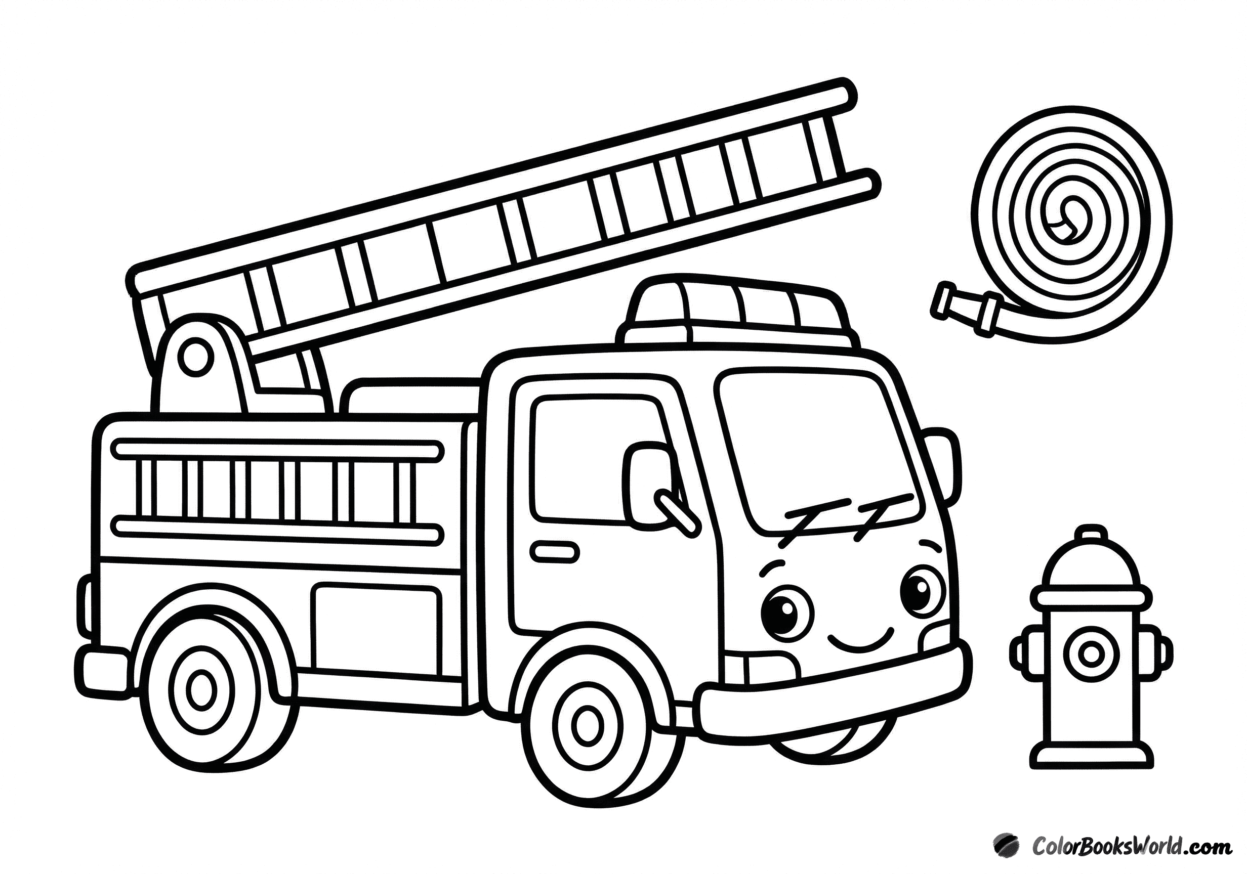 Cartoon fire truck with an extended ladder, a rolled fire hose, and a red hydrant.