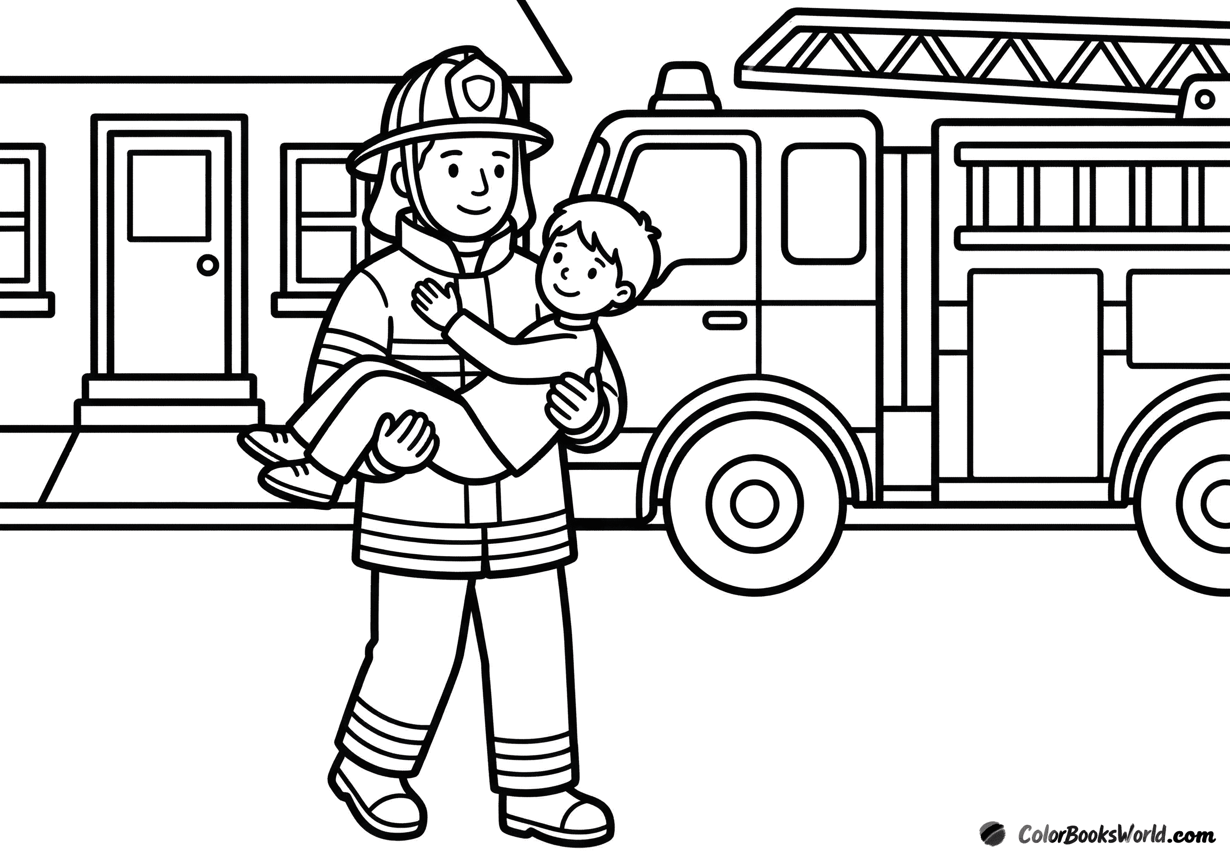 A firefighter carries a child to safety in front of a house, with a fire truck behind.