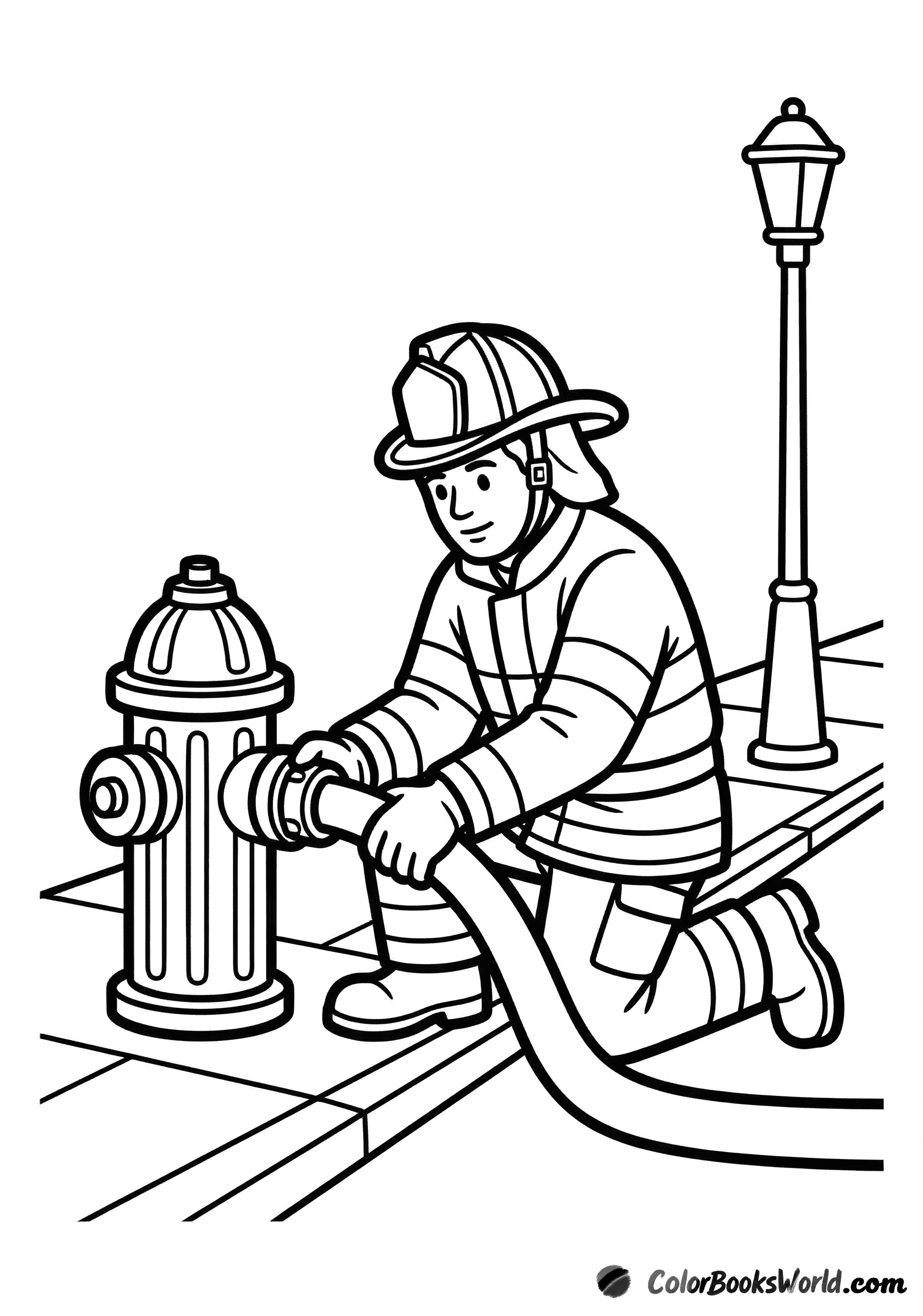 A firefighter kneels on the sidewalk, connecting a fire hose to a red street hydrant.