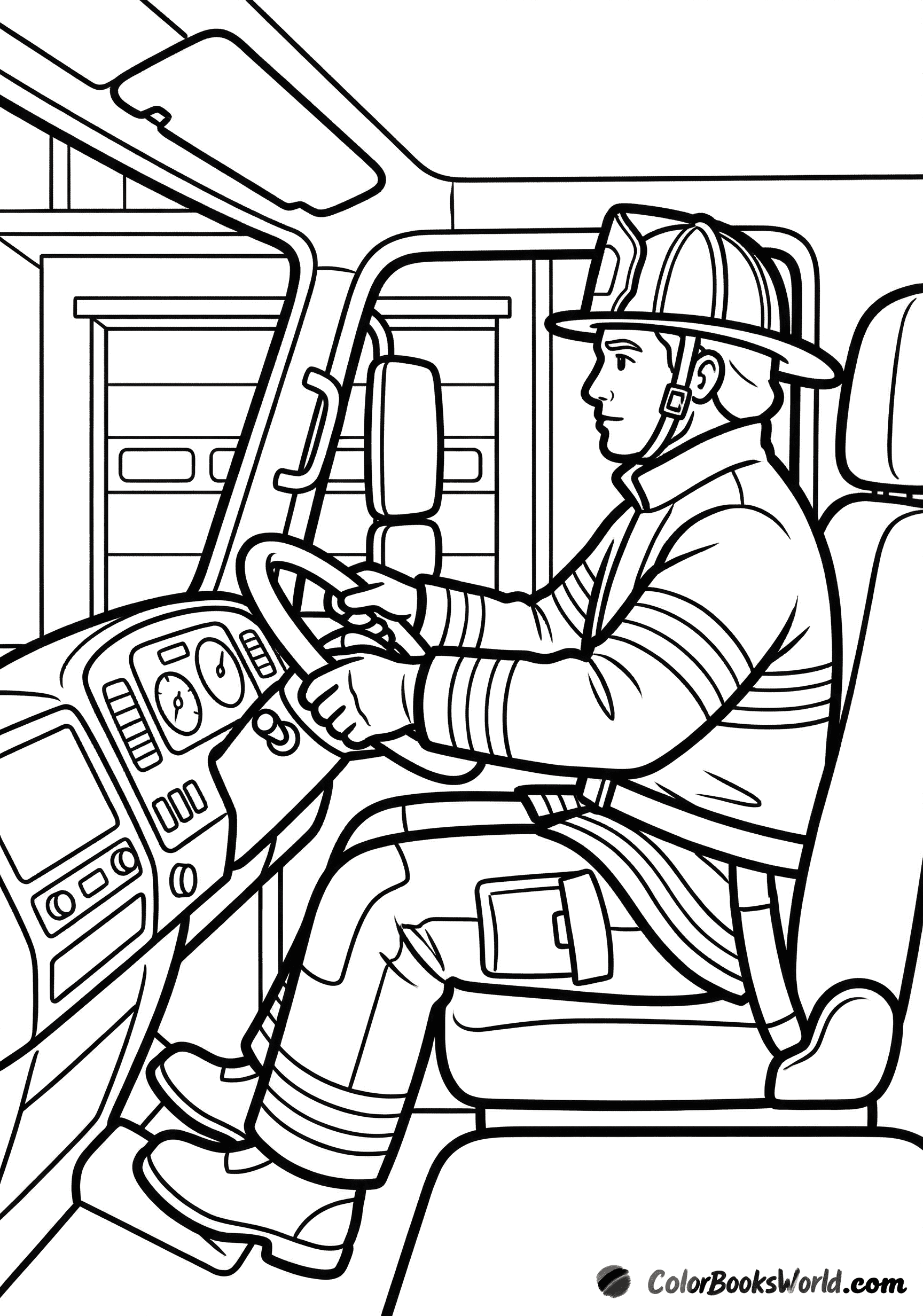 A firefighter in full gear sits in the driver’s seat of a fire truck cab with the dashboard visible.