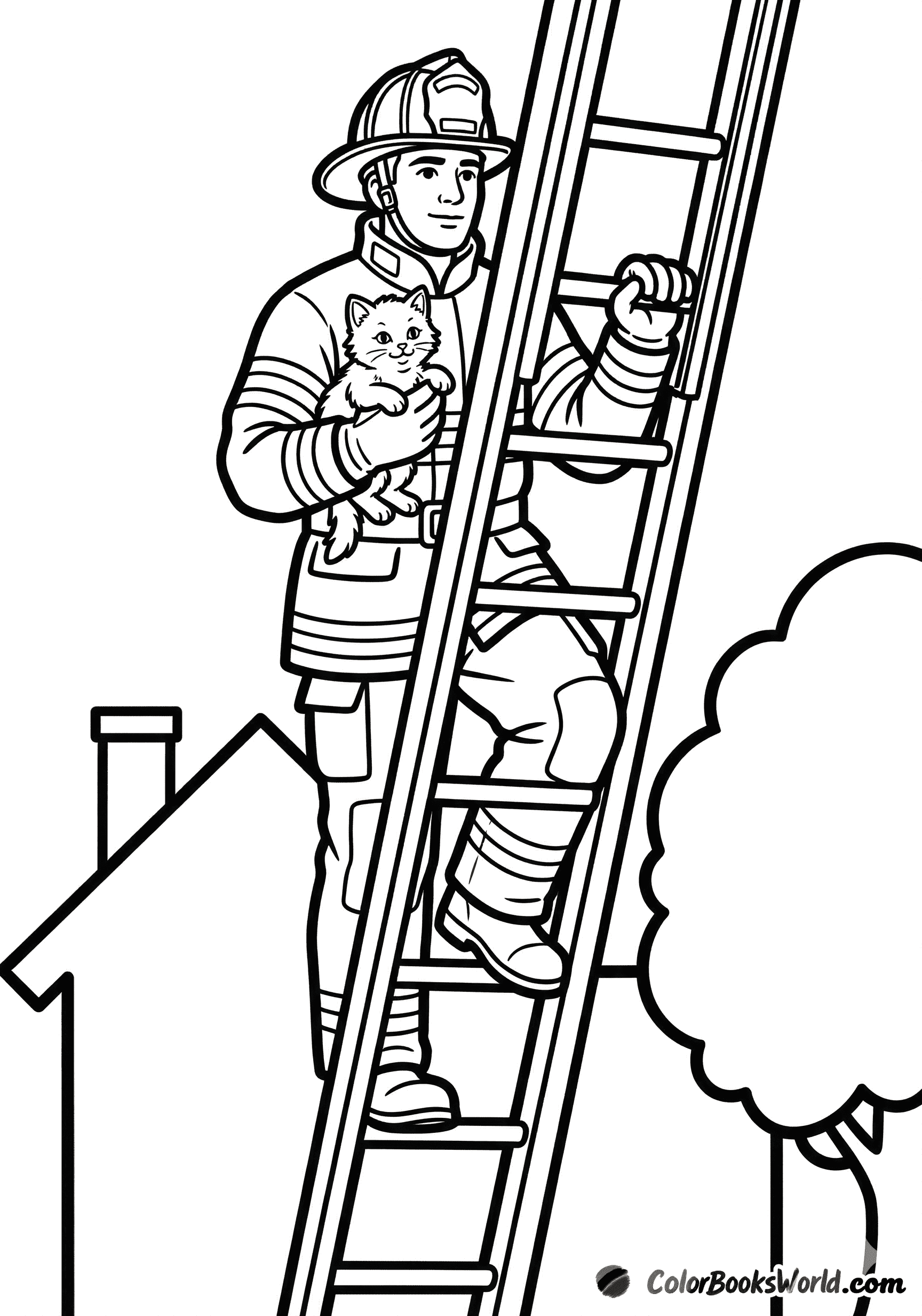 A firefighter on a ladder rescues a small kitten near a house roof and a tree.