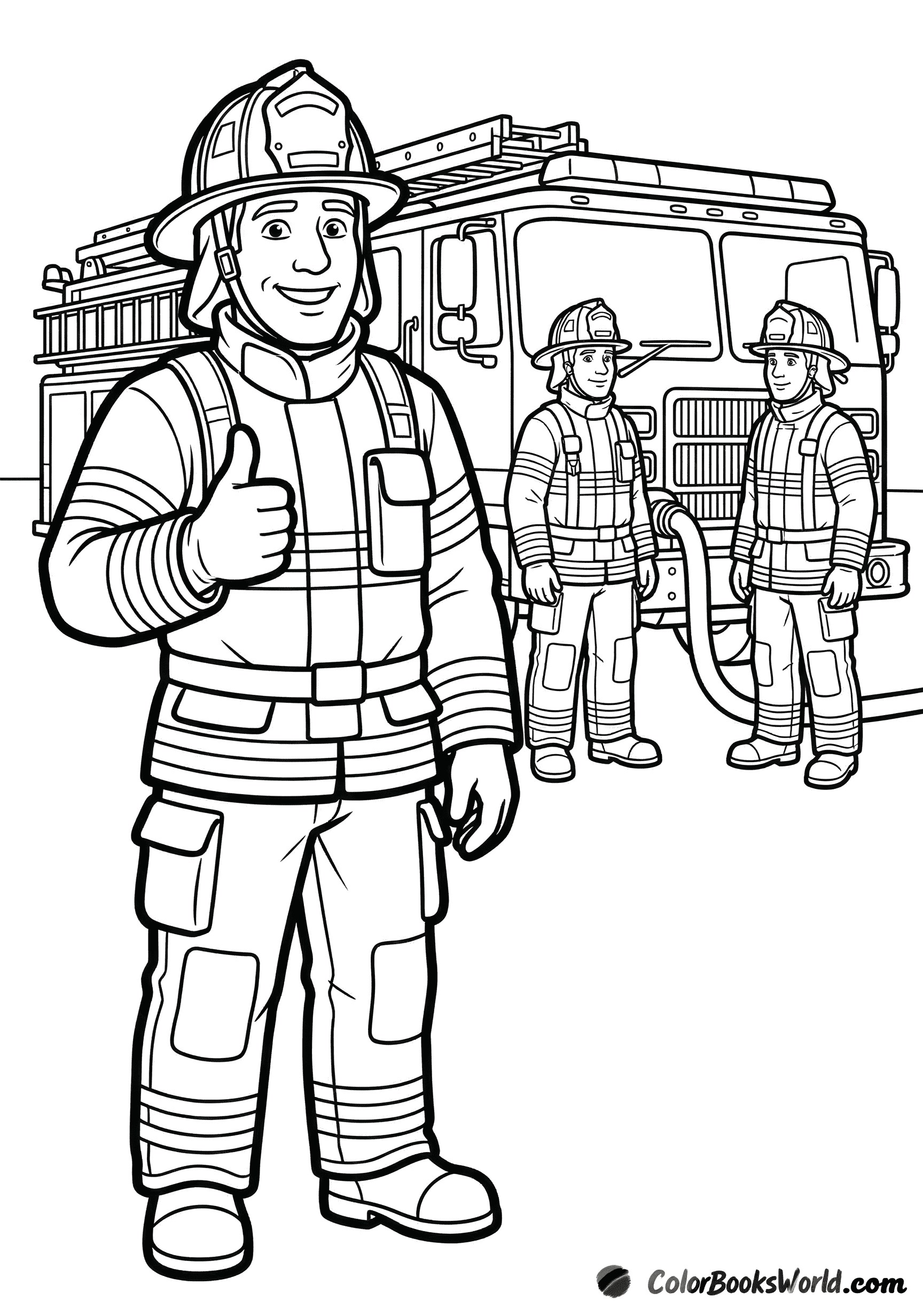 Smiling firefighter gives a thumbs-up with teammates and a fire truck behind them.