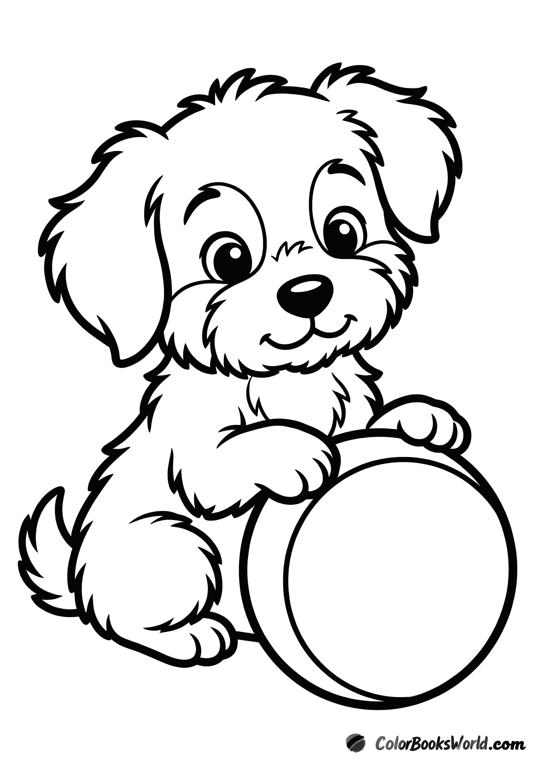 A fluffy puppy sits with one paw resting on a large ball.