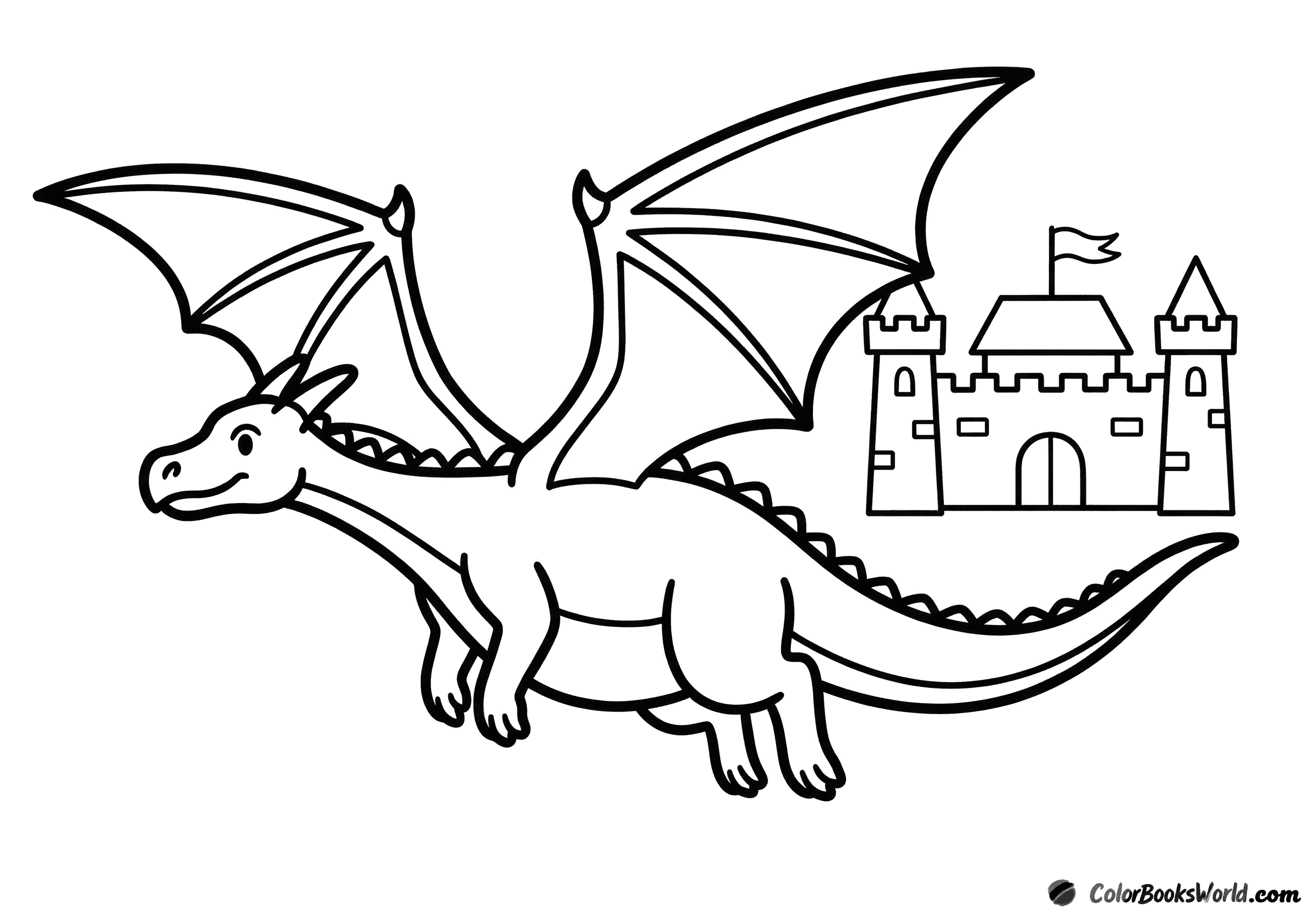 A large dragon flies in the foreground, with a small castle and pennant in the background.