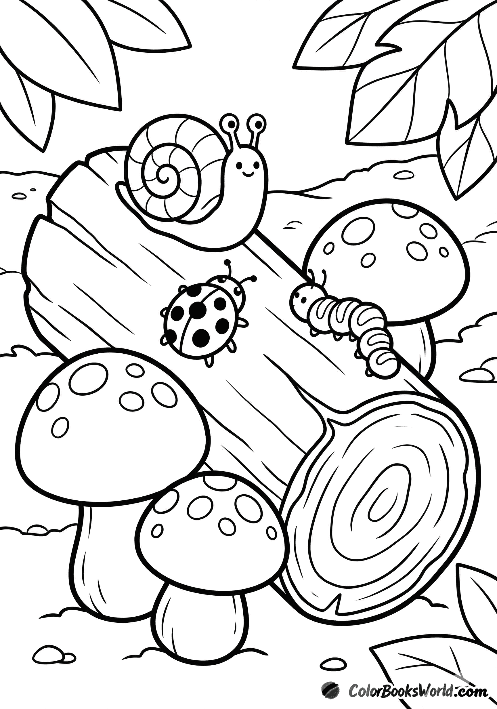 A snail, ladybug, and caterpillar on a fallen log beside large mushrooms.