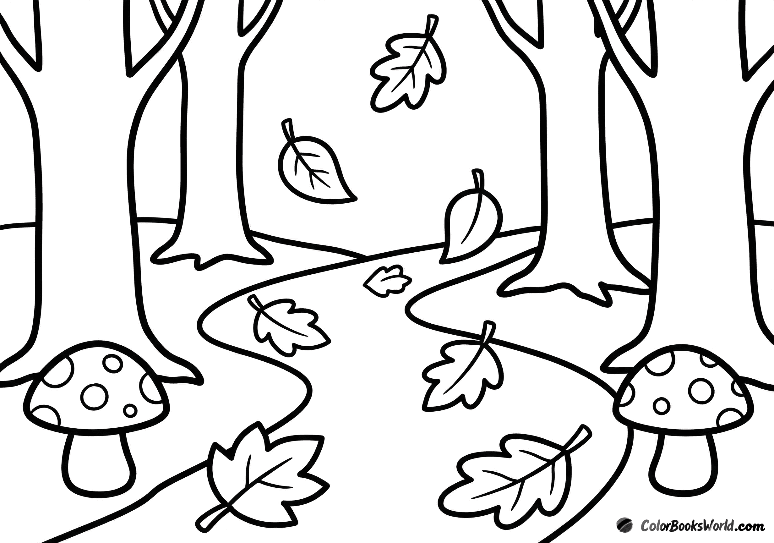 A winding forest path with large falling autumn leaves, simple tree trunks, and small mushrooms.