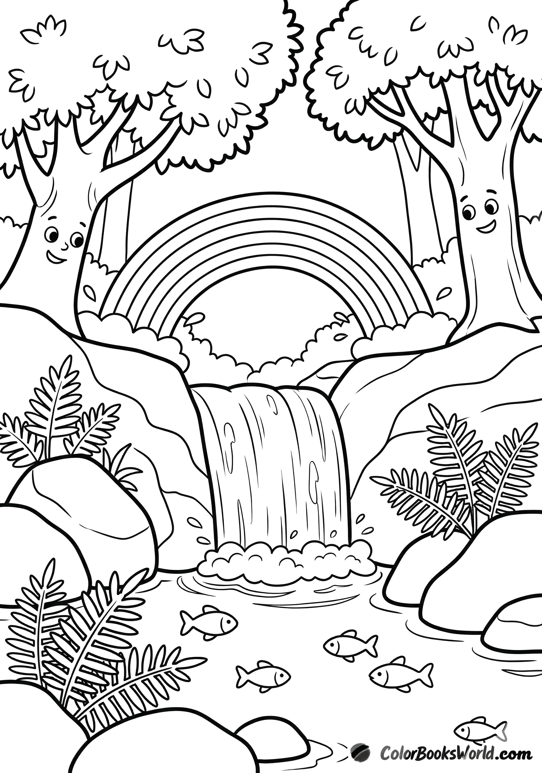 A forest waterfall pours into a pool with rocks, fish, and a rainbow in the mist.