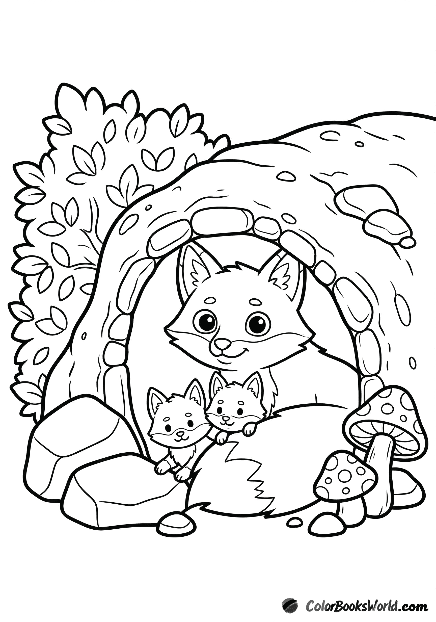 A fox parent and two kits peek from a cozy den entrance beside mushrooms and a bush.