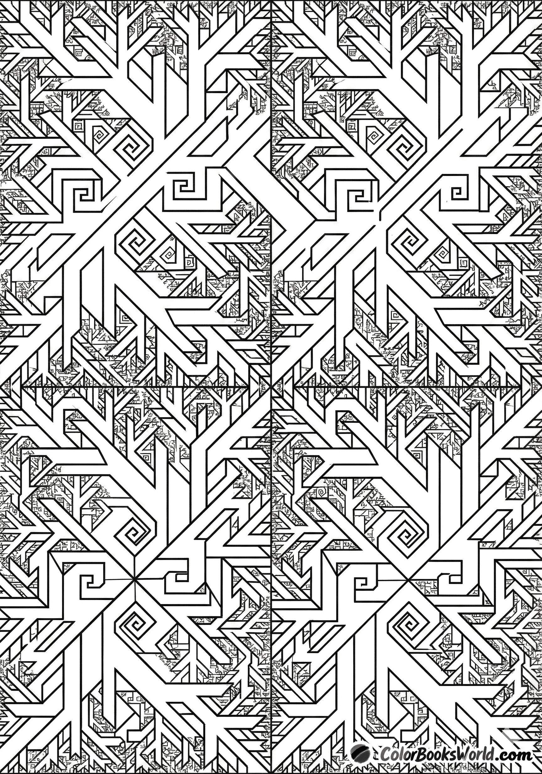 A complex fractal branching pattern with repeating geometric motifs and nested details for coloring.