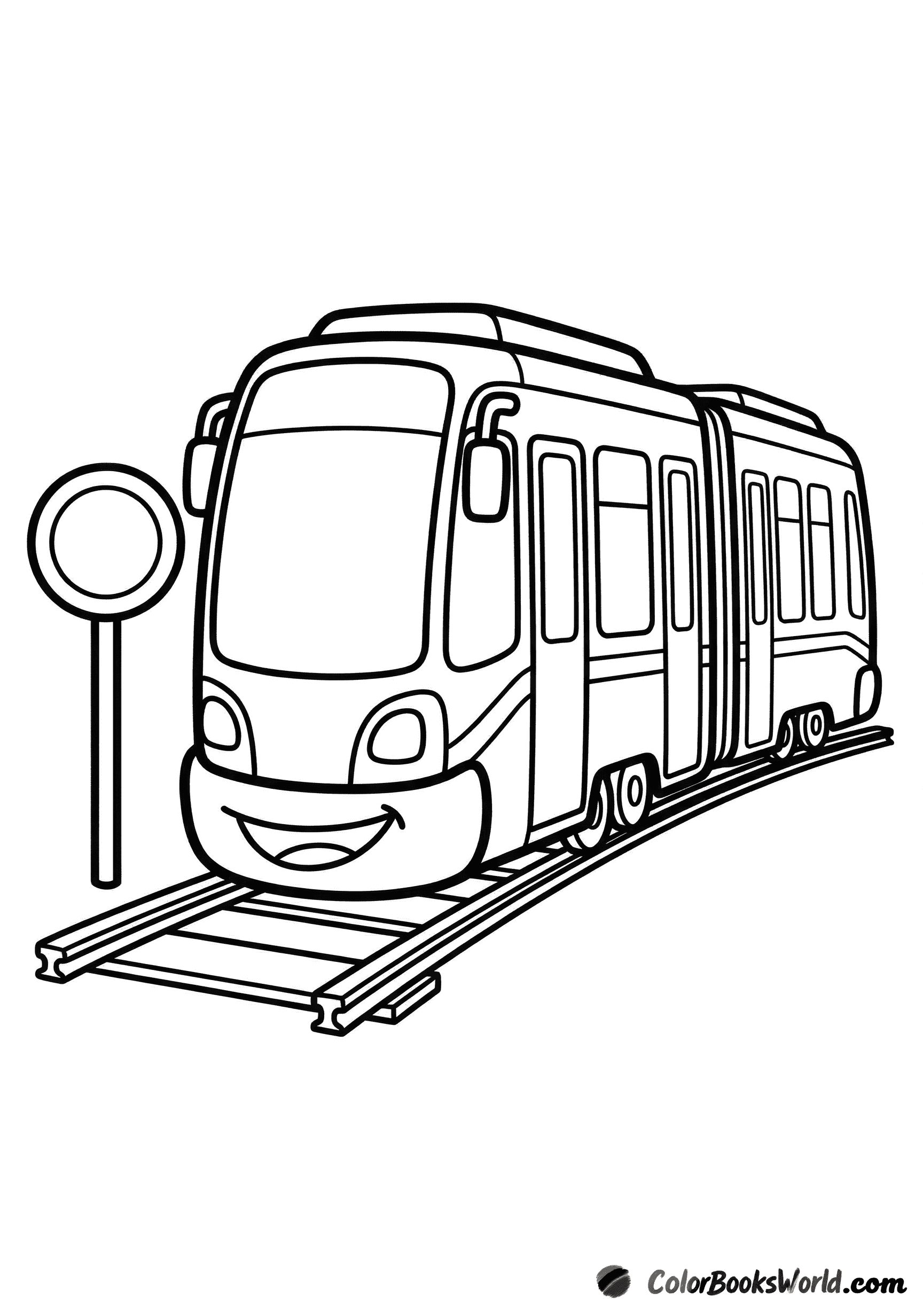 A cartoon city tram on tracks beside a round tram stop sign.
