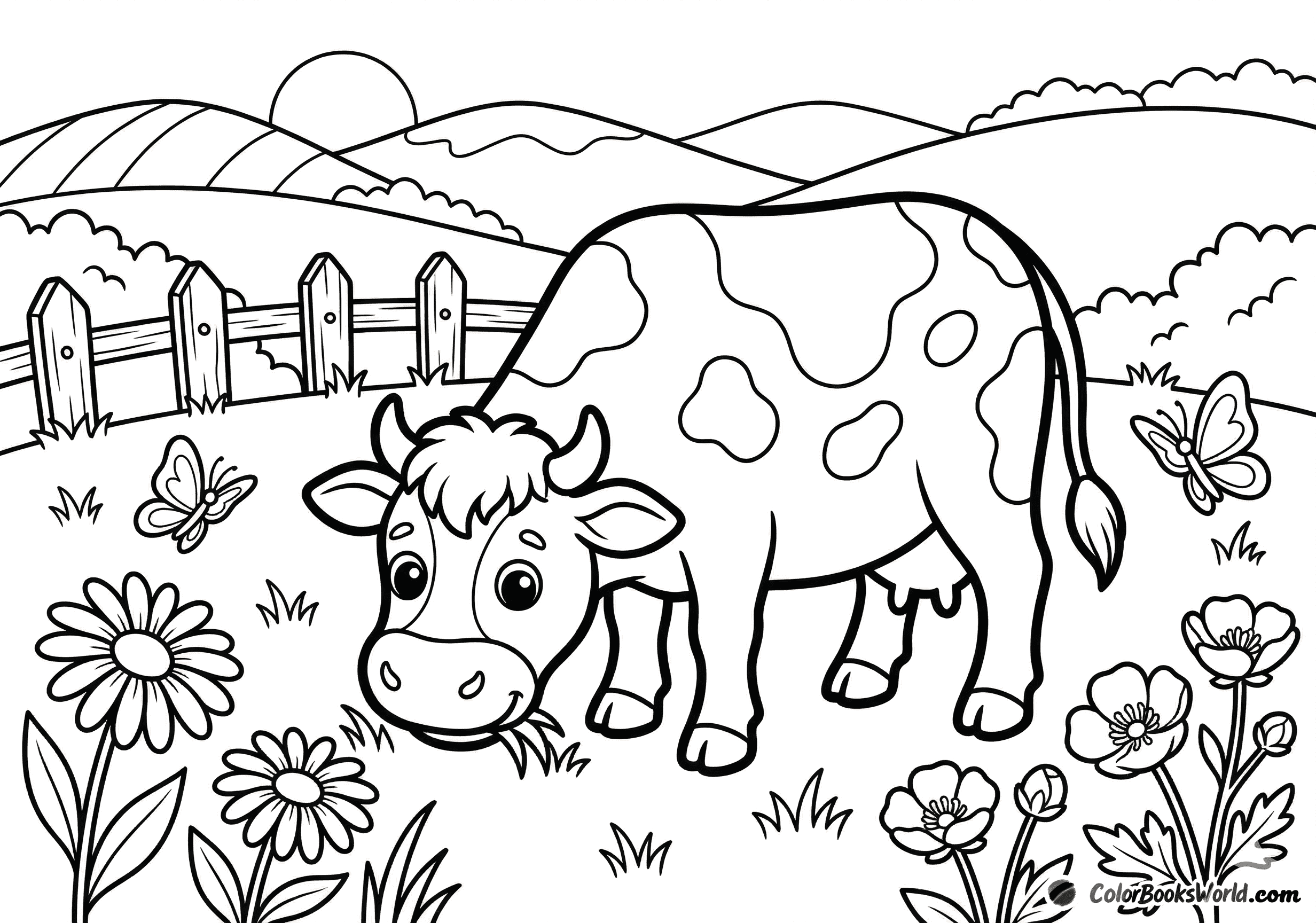 A cute cartoon cow grazing in a sunny flower meadow with butterflies and a wooden fence.
