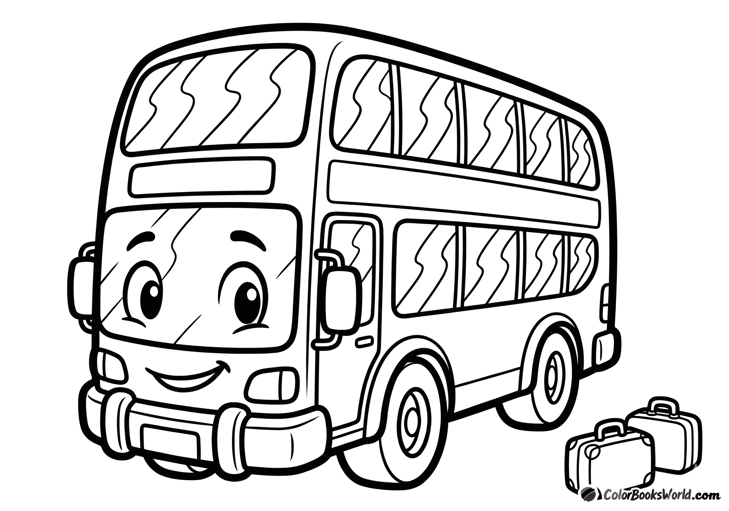 Front-view cartoon double-decker bus with two travel suitcases beside it.