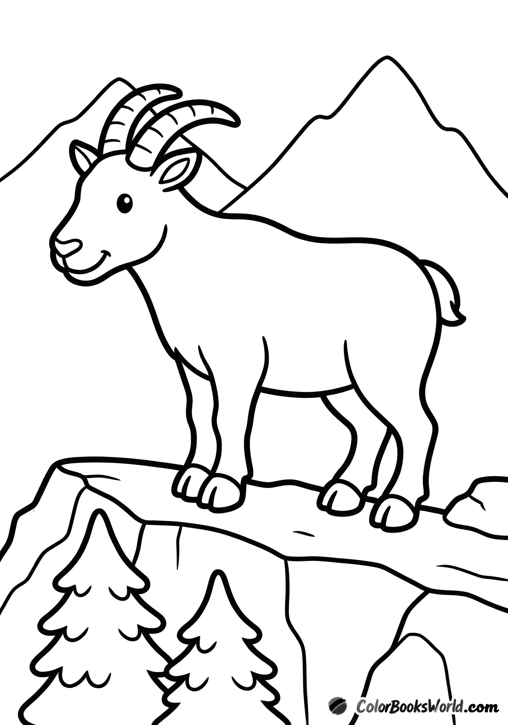 A cute cartoon mountain goat stands on a rocky ledge with distant peaks and small pine trees.