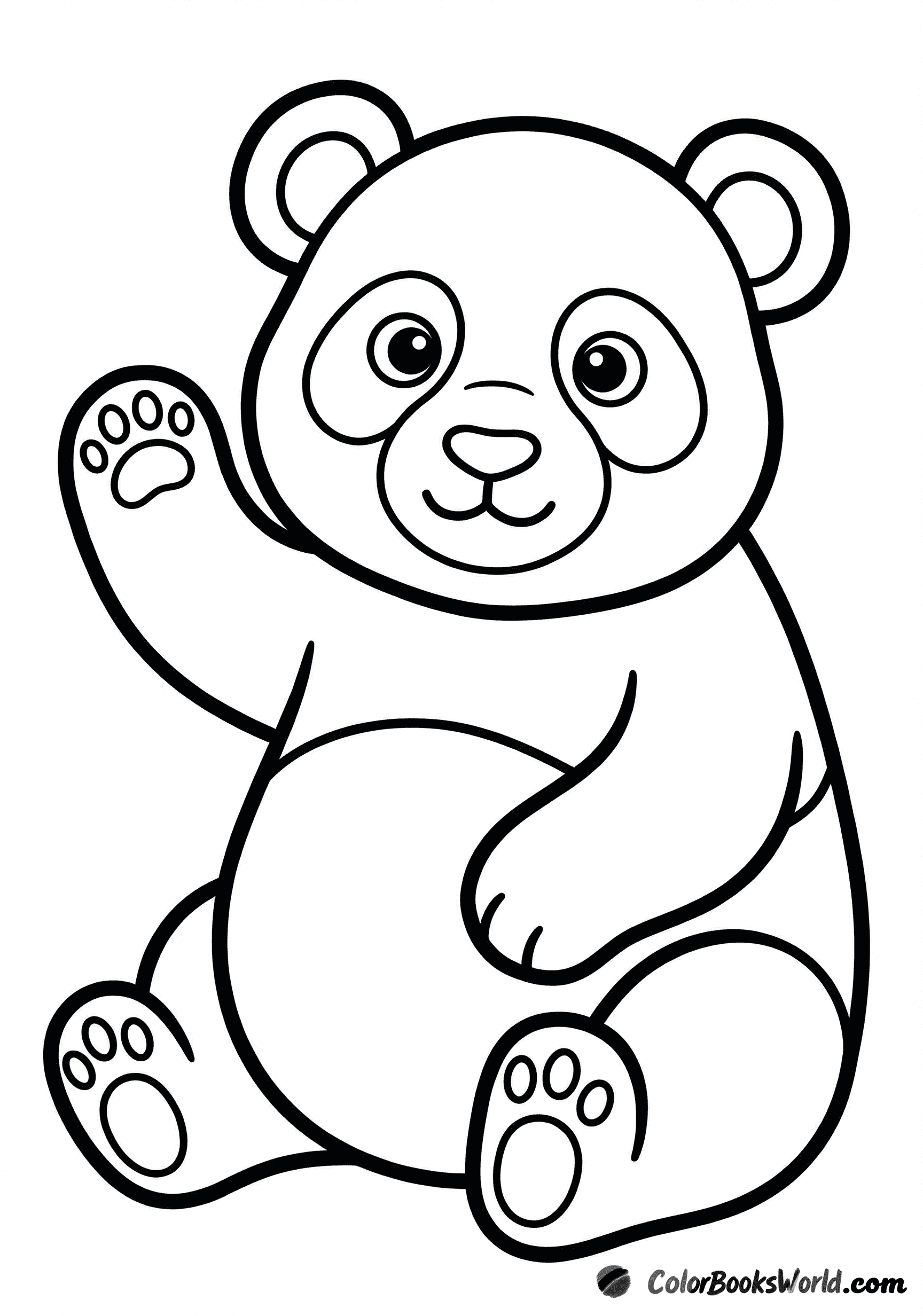 A cute panda cub sits upright and waves one paw in a friendly greeting.