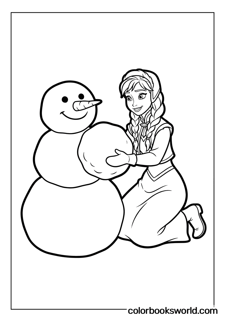 Anna kneels in the snow, shaping a large snowball to build a smiling snowman, wearing braids and a cloak.