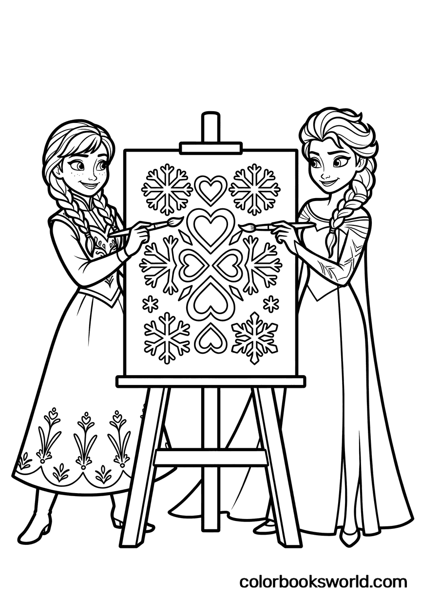 Anna and Elsa stand on either side of an easel, painting symmetrical hearts and snowflakes on a canvas.