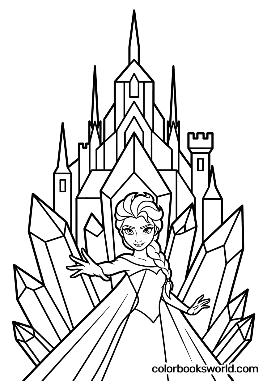 Elsa stands before a crystal ice throne, with an ornate ice castle and tall crystal spires behind her.