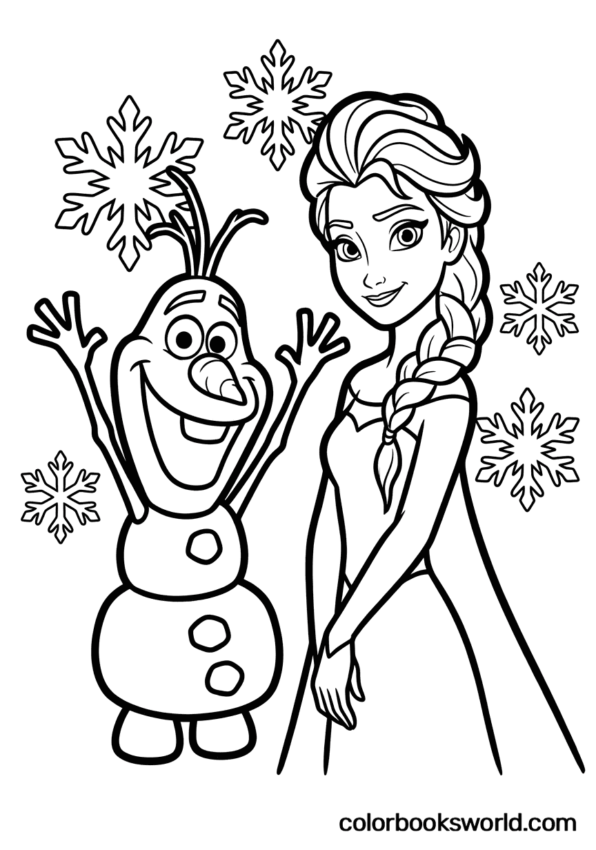 Elsa stands beside Olaf as he raises his arms, with large snowflakes floating around them.