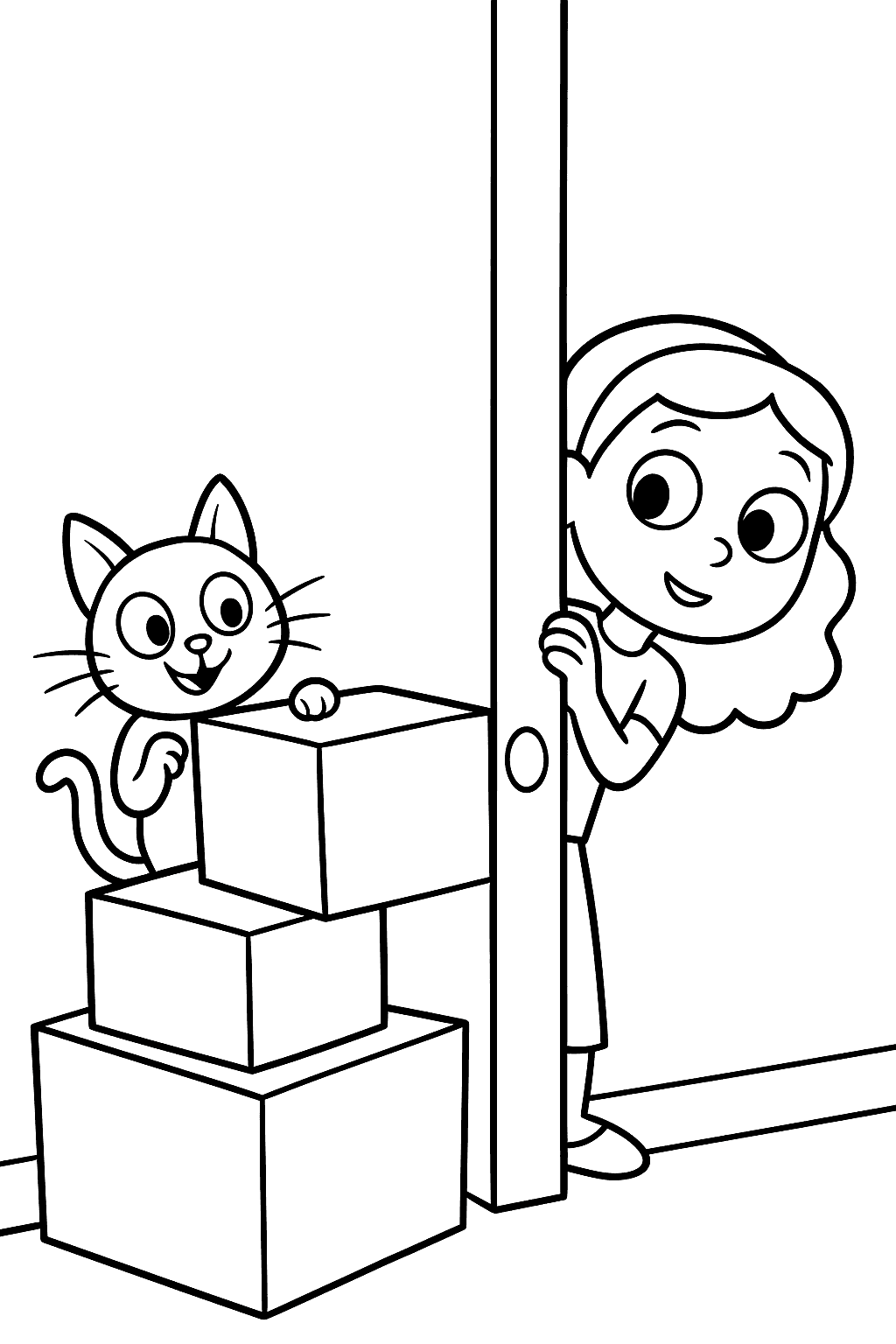 Gabby peeks from a doorway while her cat explores a neatly stacked pile of boxes.