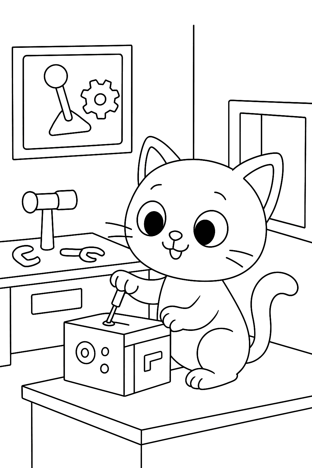Gabby’s cat uses a screwdriver to fix a small toy on a workbench.
