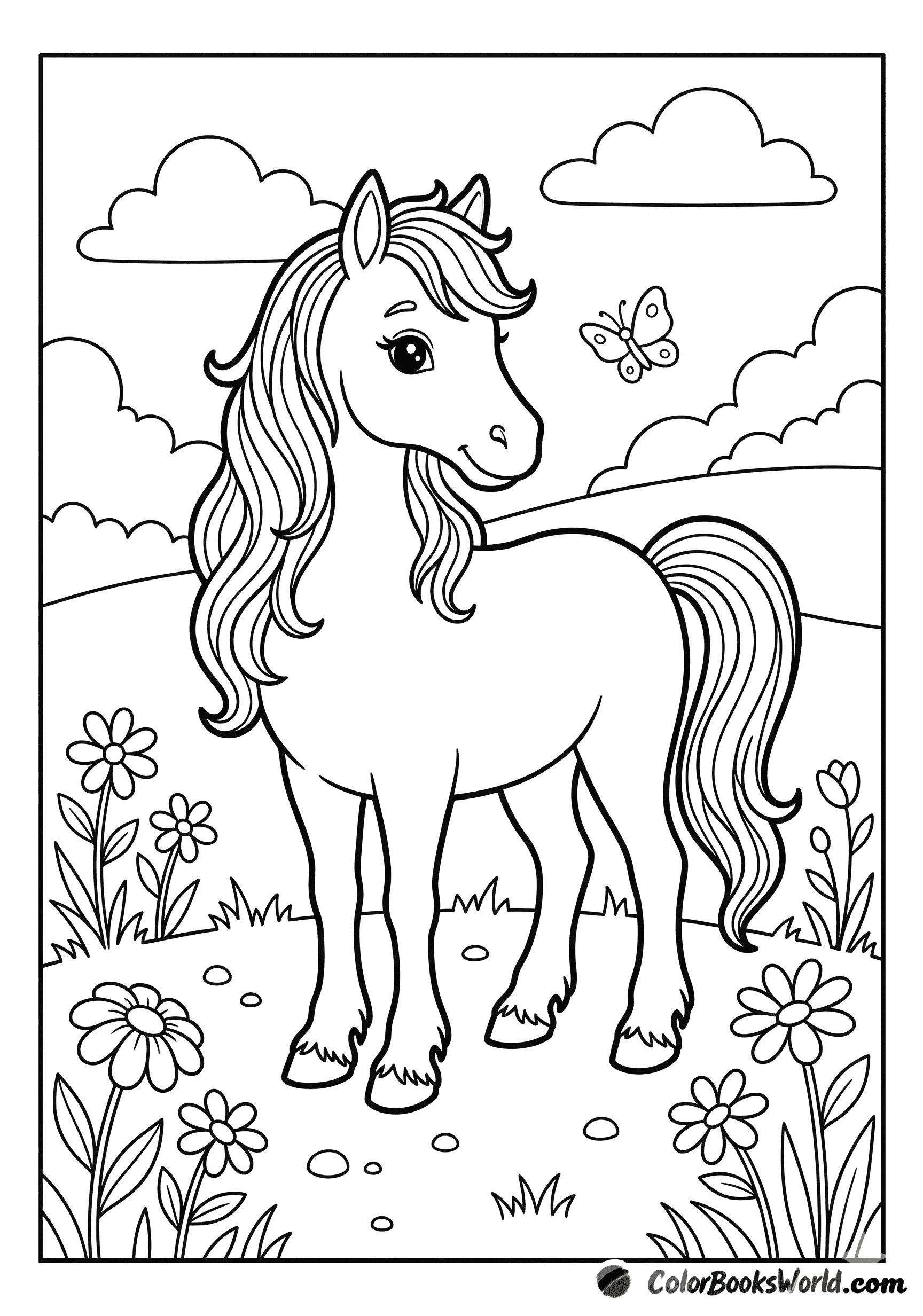 A gentle horse stands in a wildflower meadow with hills, clouds, and a butterfly.