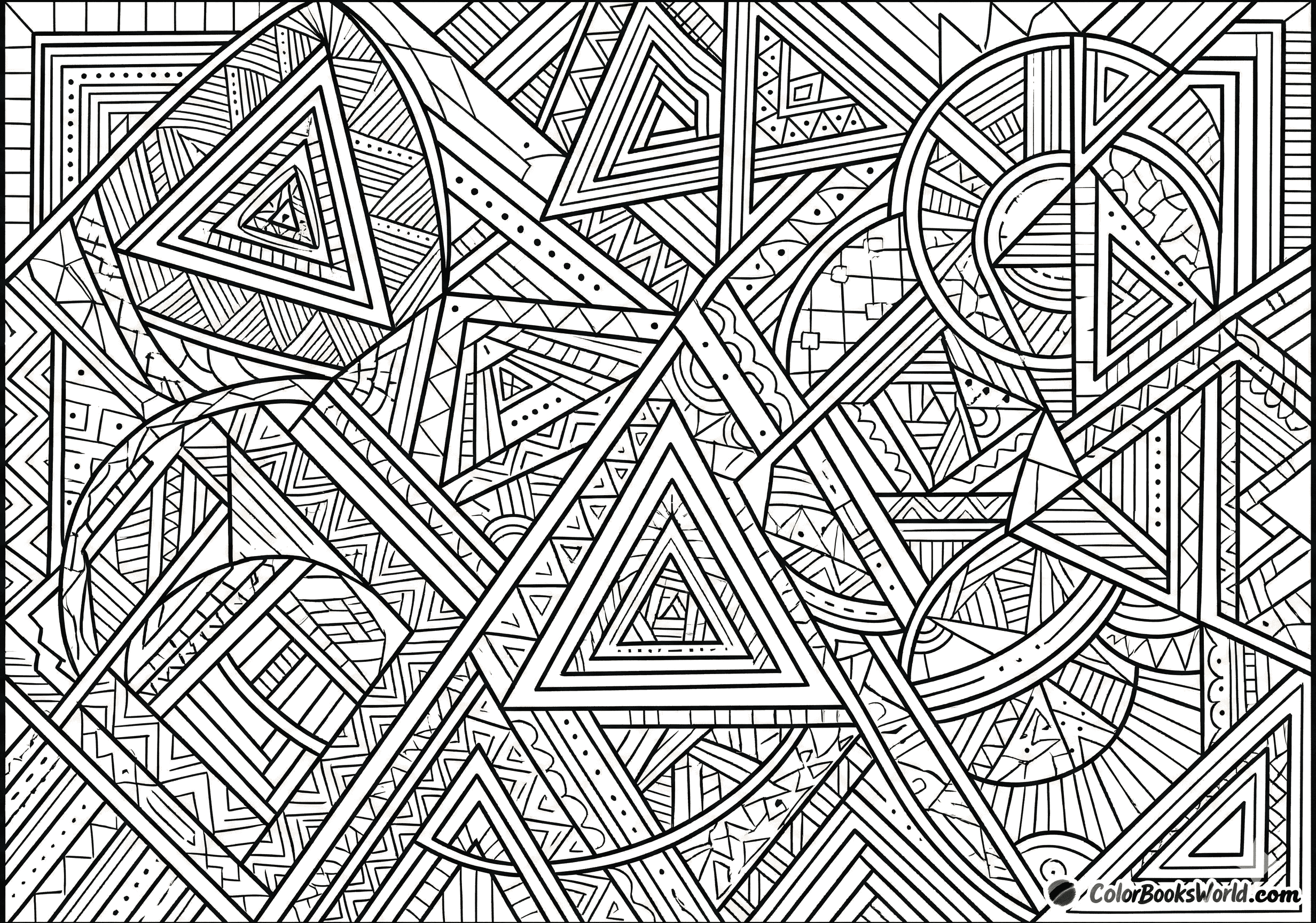 Intricate geometric line art featuring overlapping triangles, circles, and striped patterns for adult coloring.
