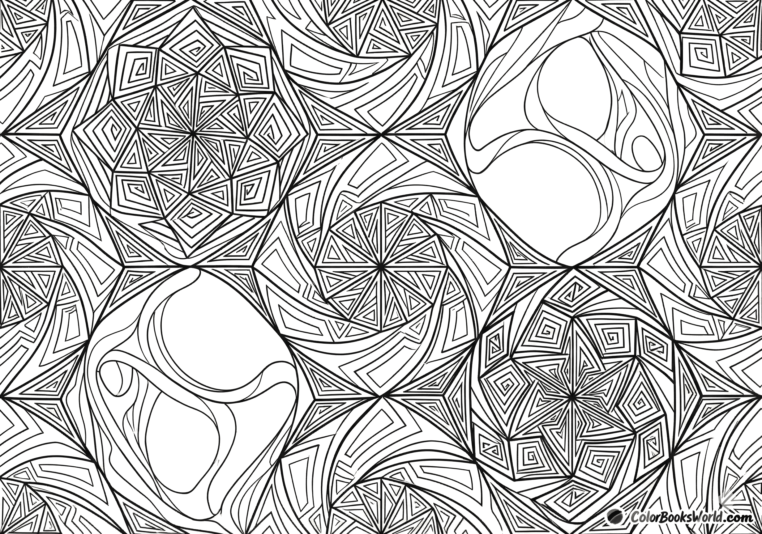 Intricate line art of interlocking geometric shapes and spirals creating a hypnotic optical tessellation pattern.