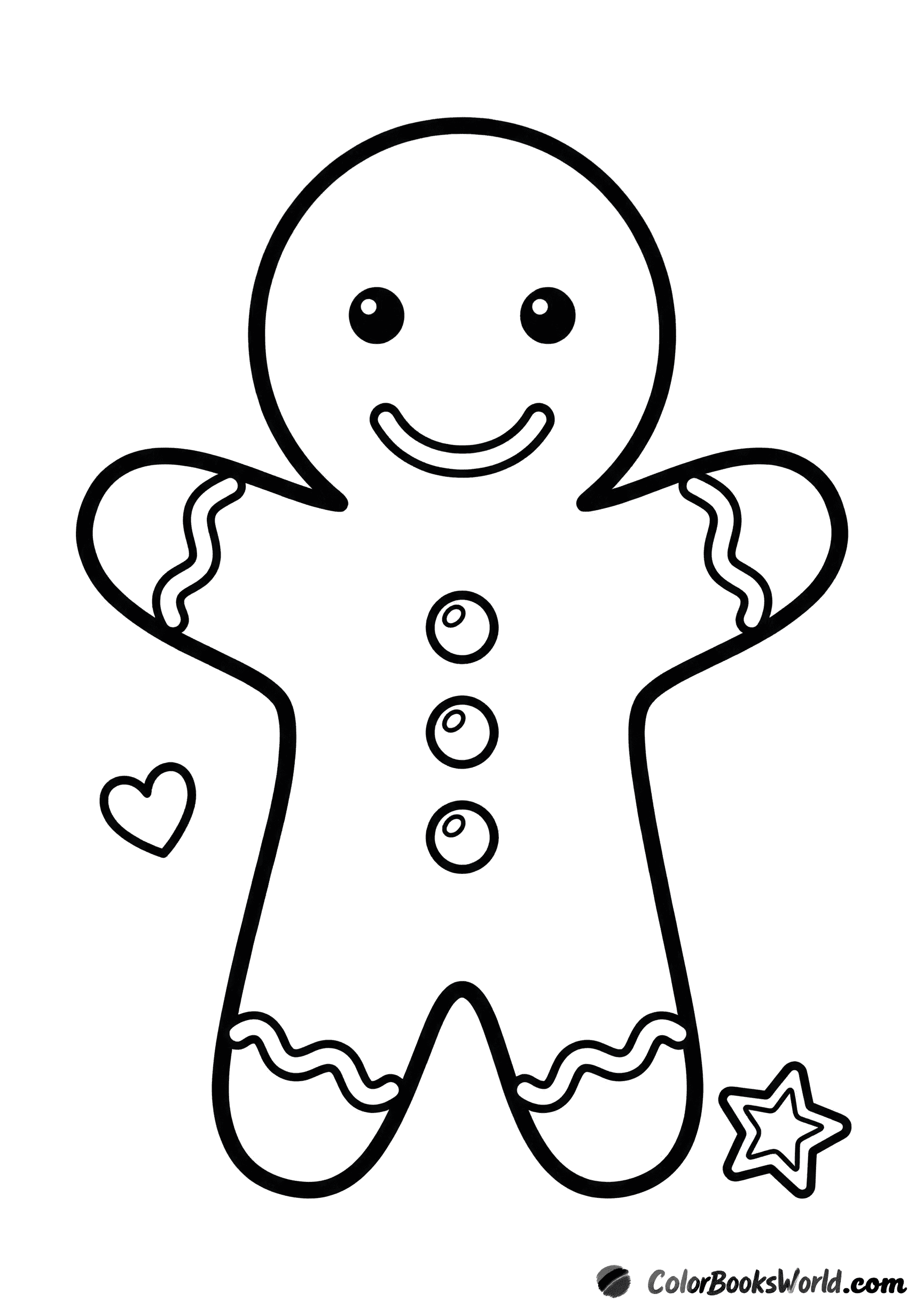 Smiling gingerbread man cookie with candy buttons, a small heart, and an icing star.