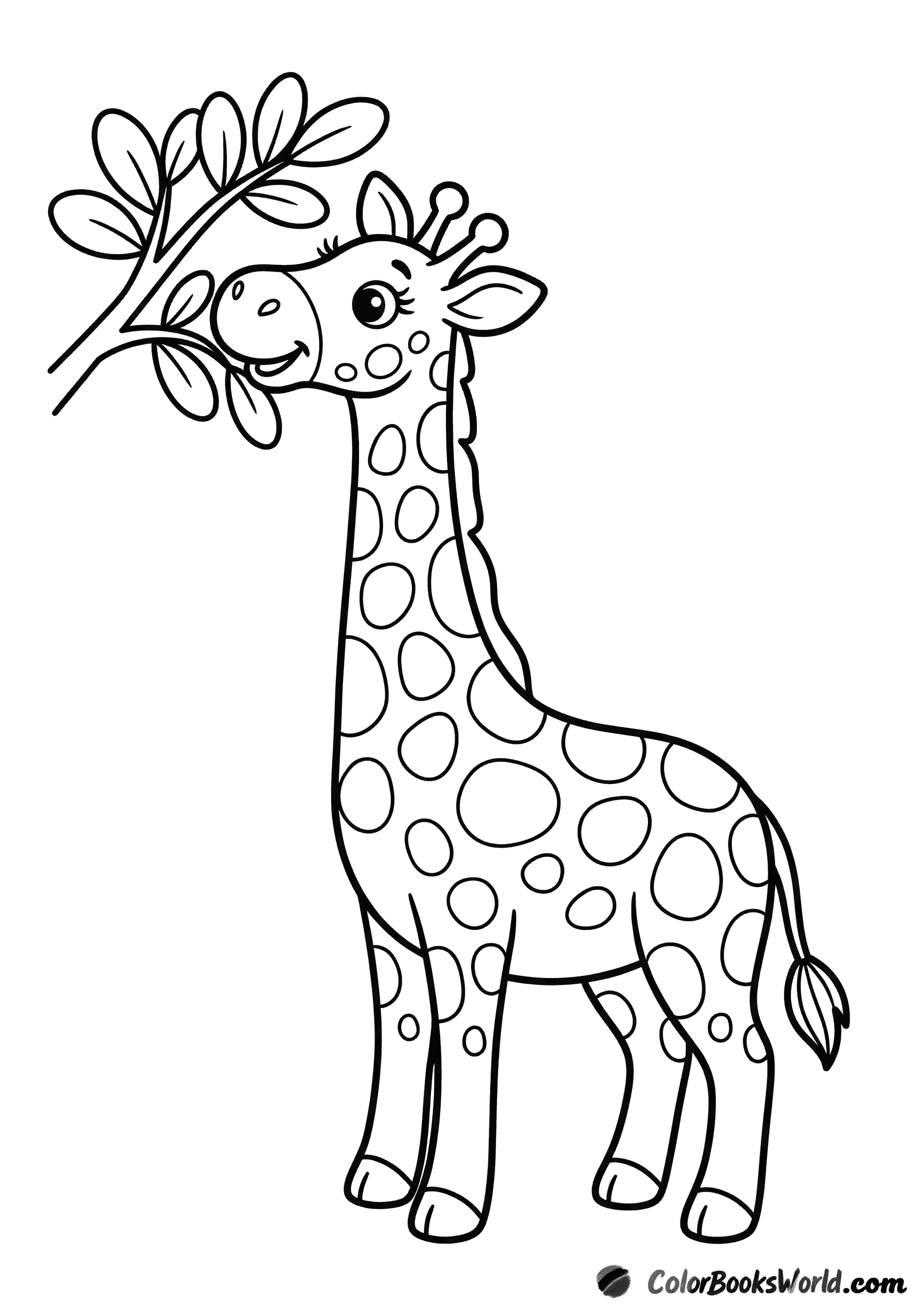 A friendly cartoon giraffe stretches its long neck to nibble an acacia branch with rounded leaves.