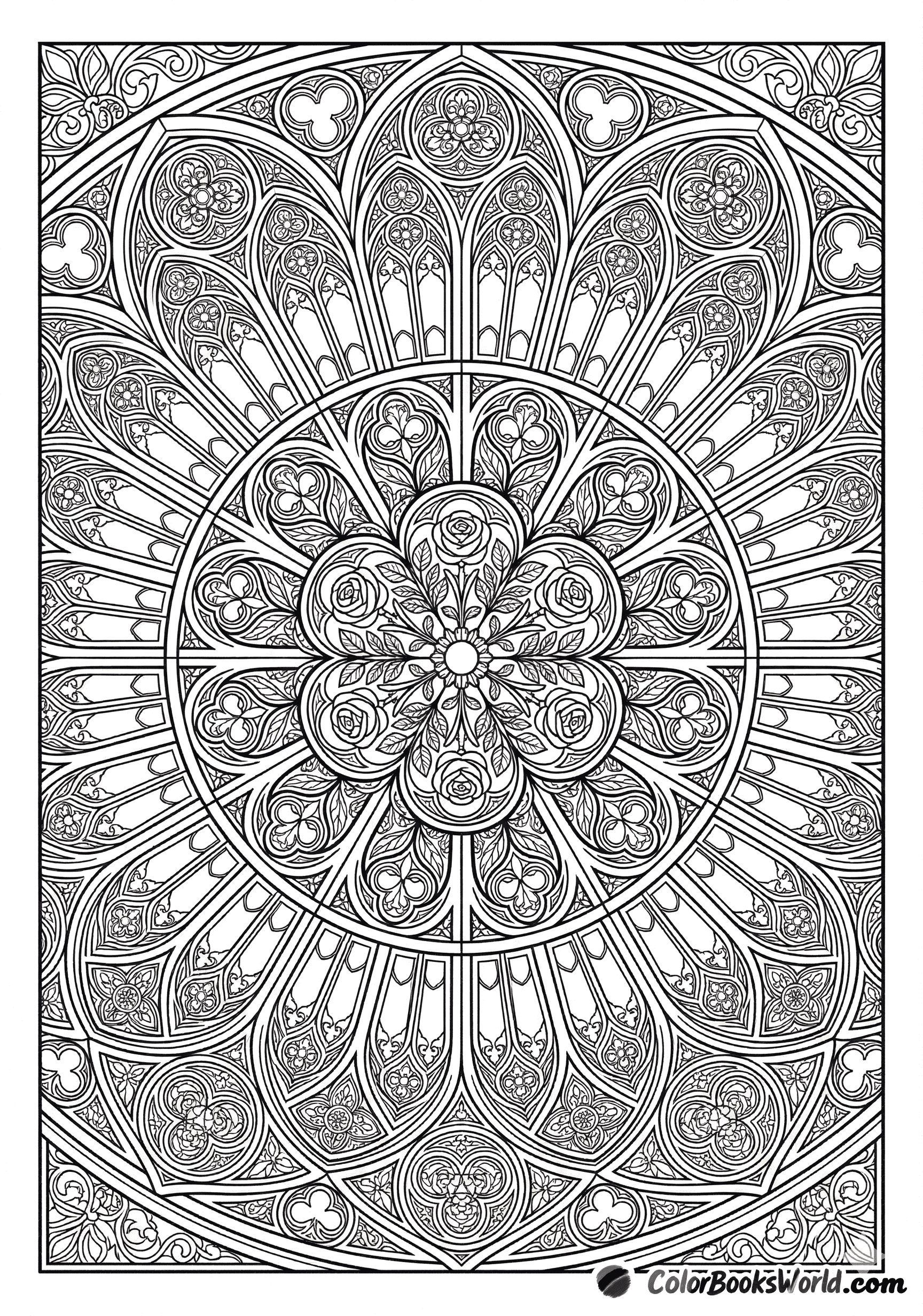 Intricate gothic rose window mandala with pointed arches and floral tracery in a radial pattern.