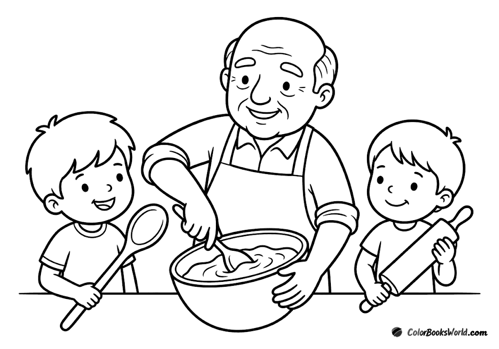 Grandfather in an apron mixes batter in a bowl as two grandchildren help with a spoon and rolling pin.