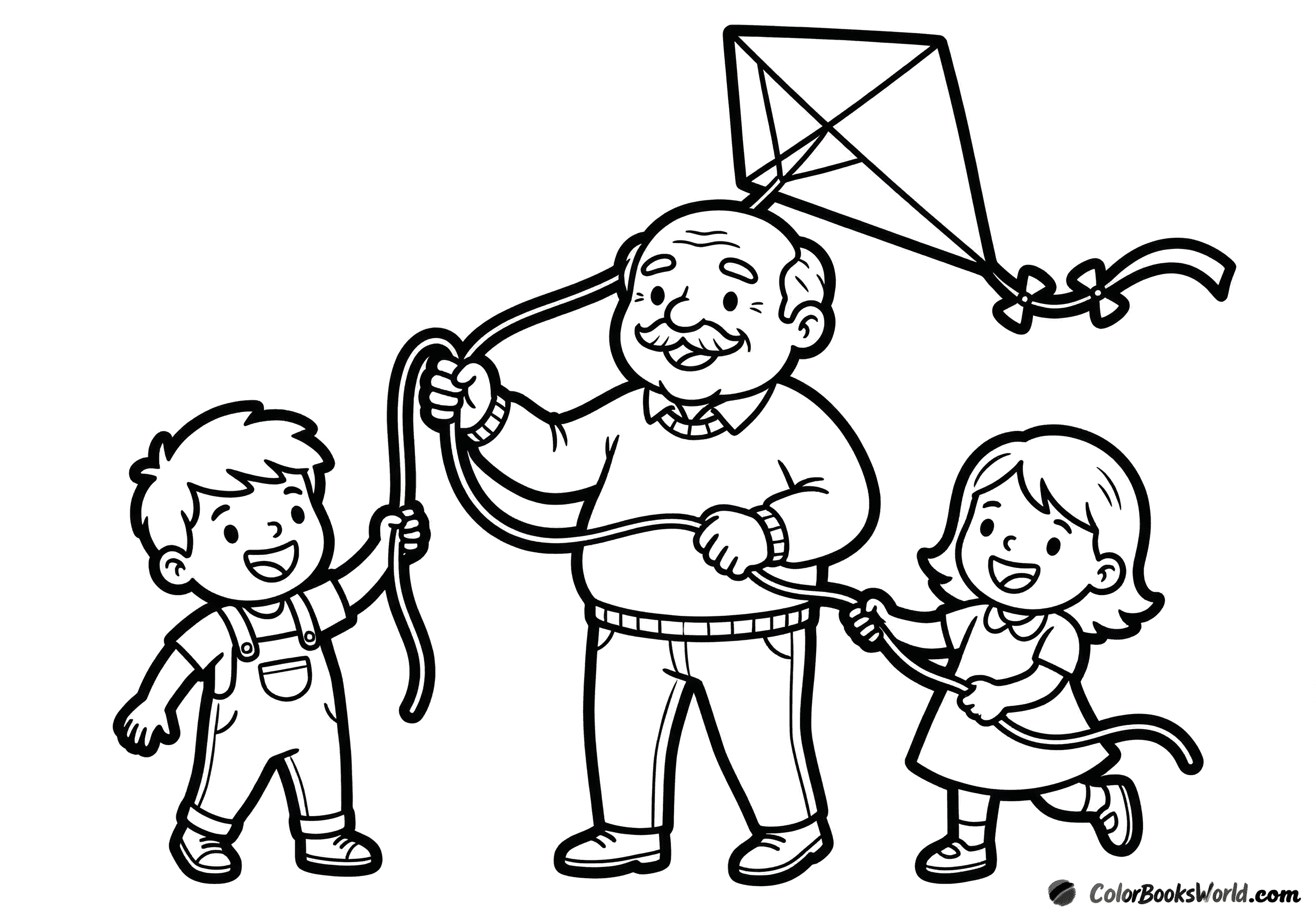 A grandfather holds a kite string with two grandchildren as the kite flies overhead.