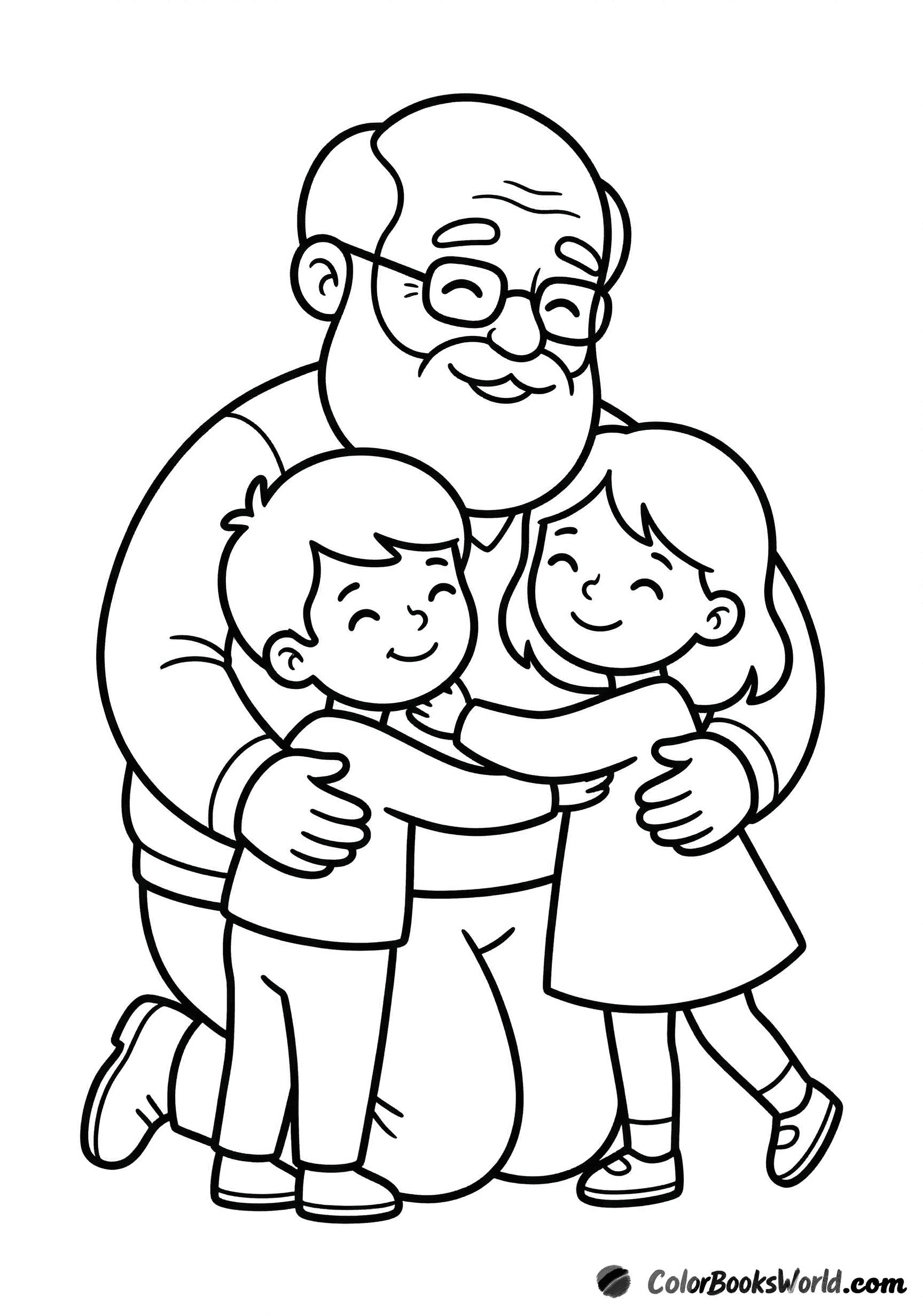 A smiling grandfather kneels and hugs his two happy grandchildren.