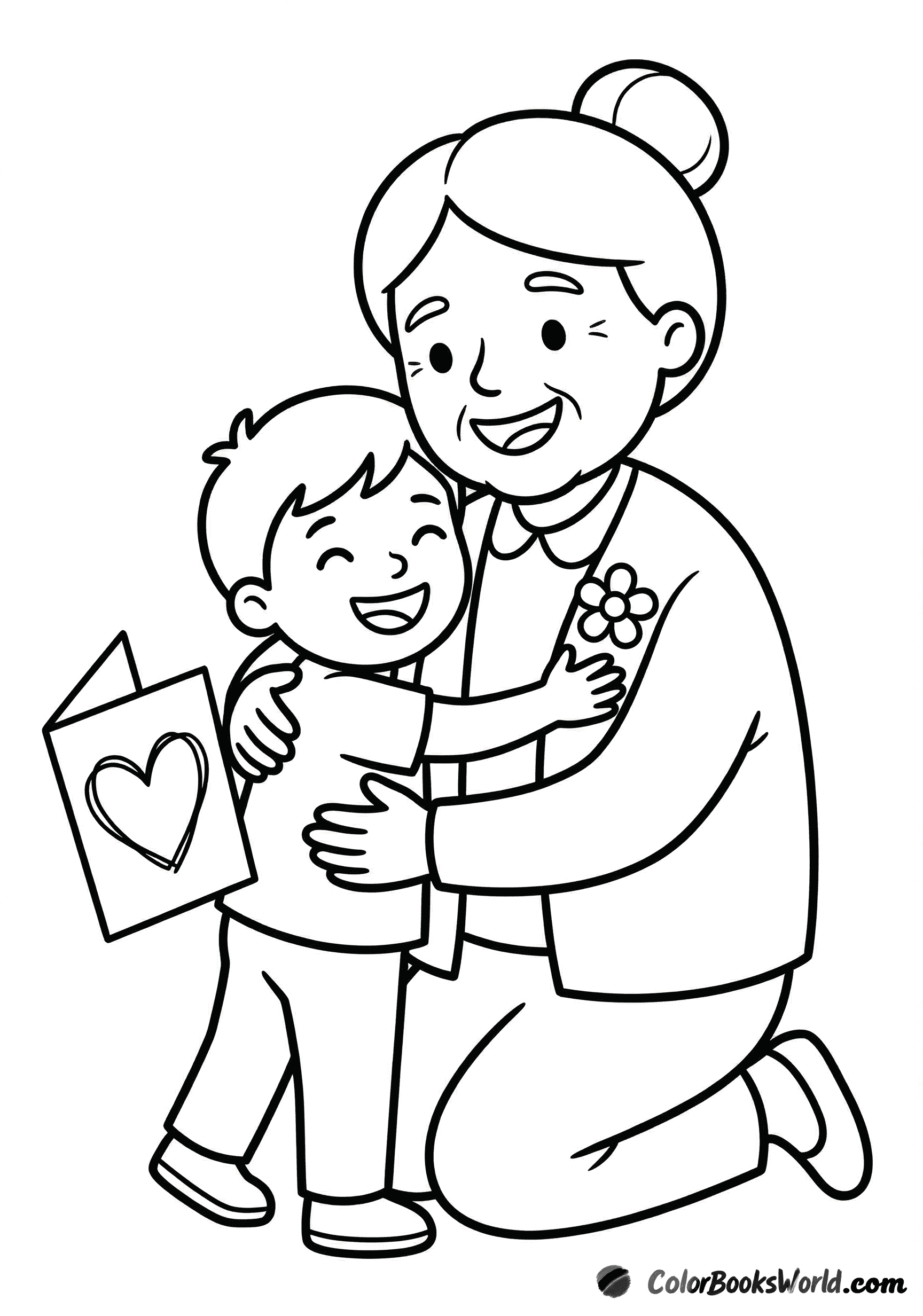 A grandmother kneels and hugs a smiling grandchild holding a handmade heart card.