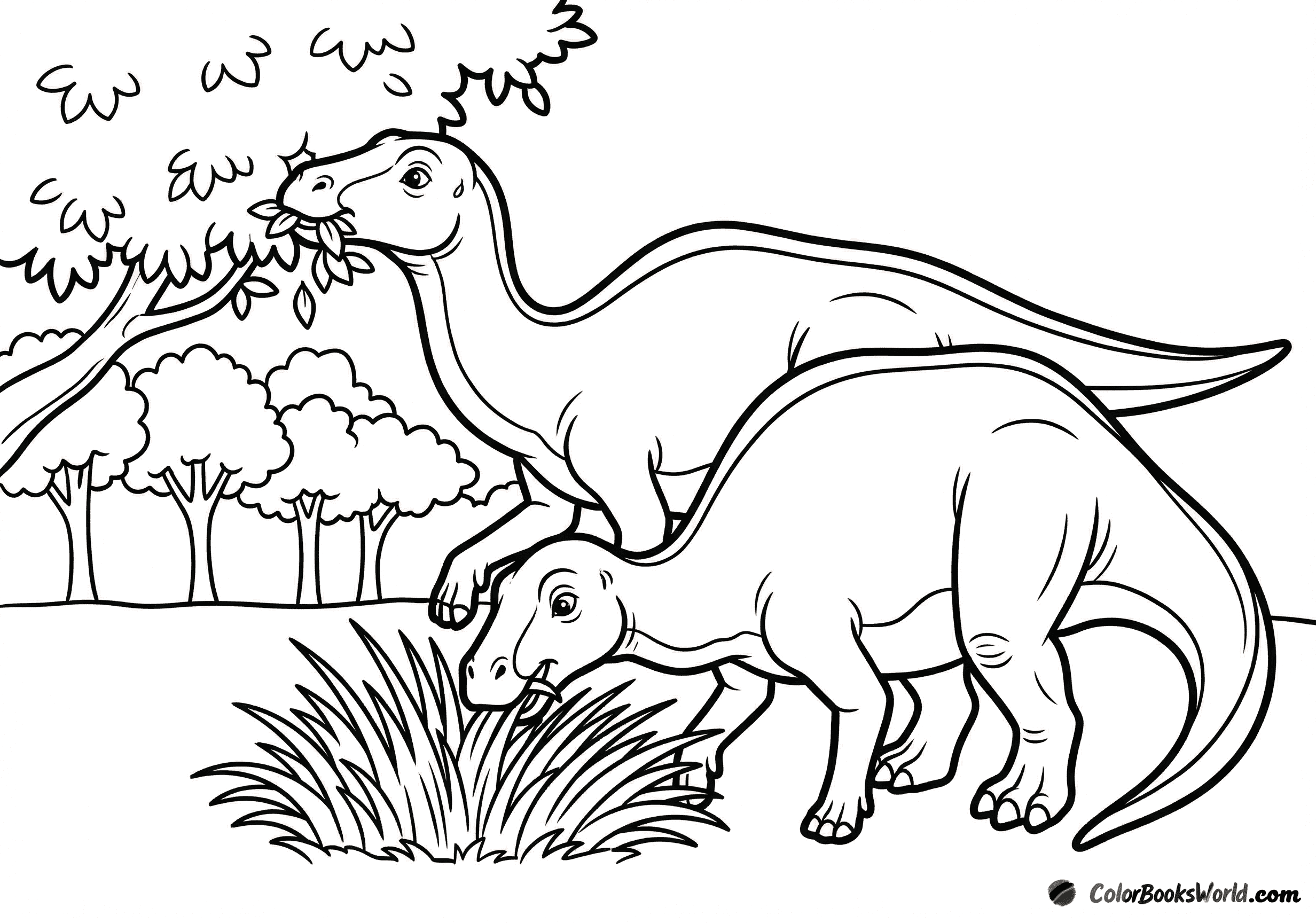 Two friendly cartoon hadrosaurs graze on leaves beside a simple tree line and a grass clump.