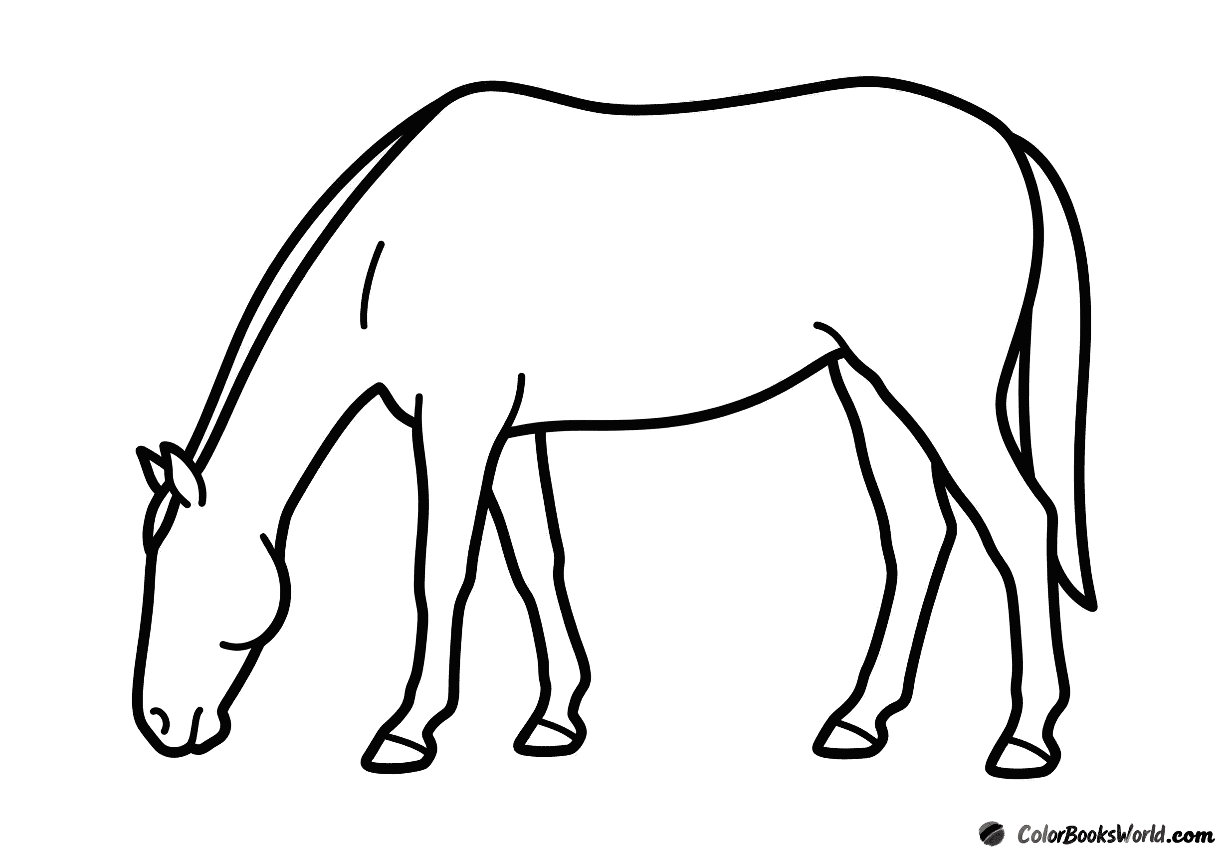 Side view of a horse with its neck bent down in a grazing pose.