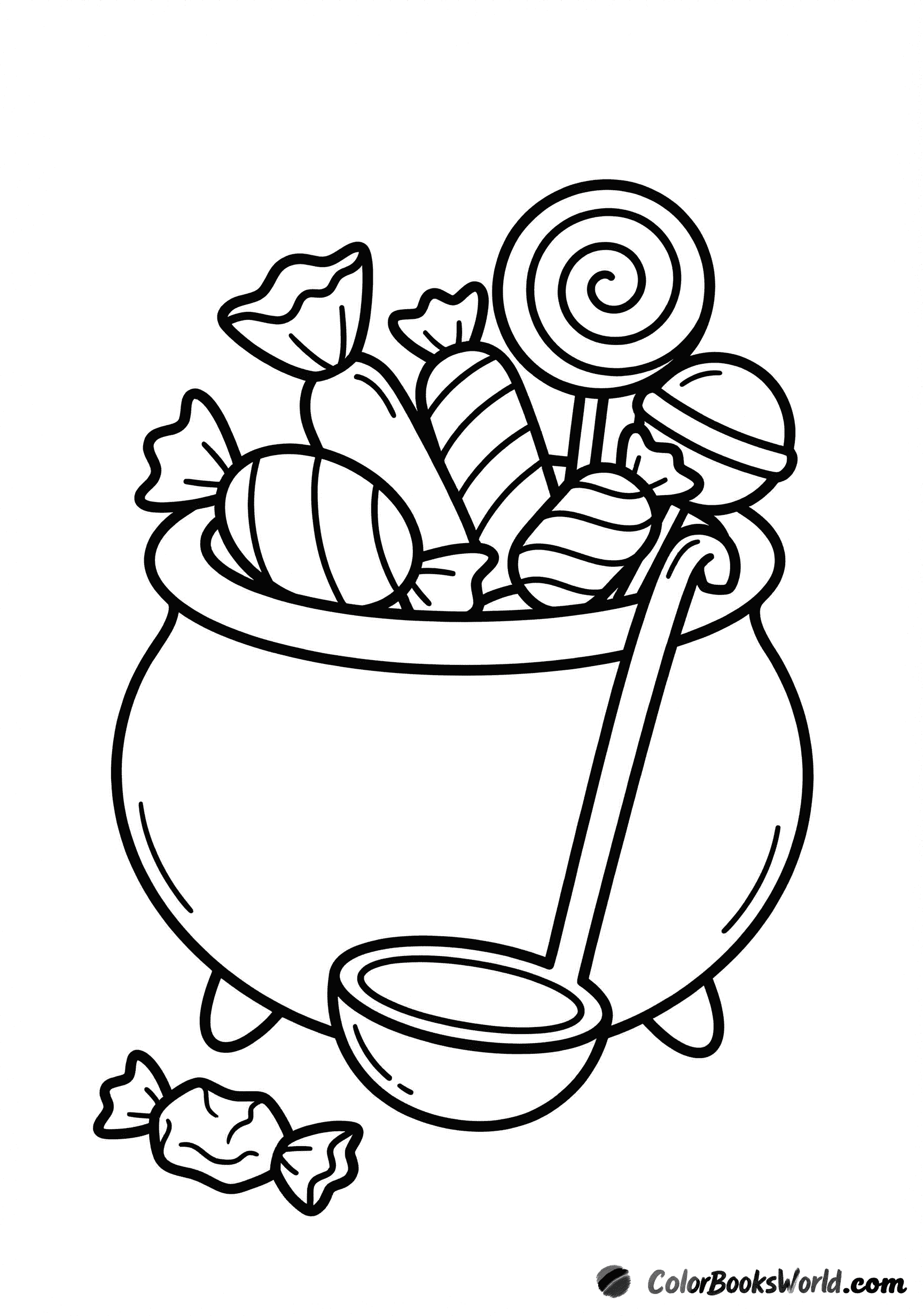 A witch’s cauldron filled with lollipops and wrapped candies, with a ladle inside and a wrapper nearby.