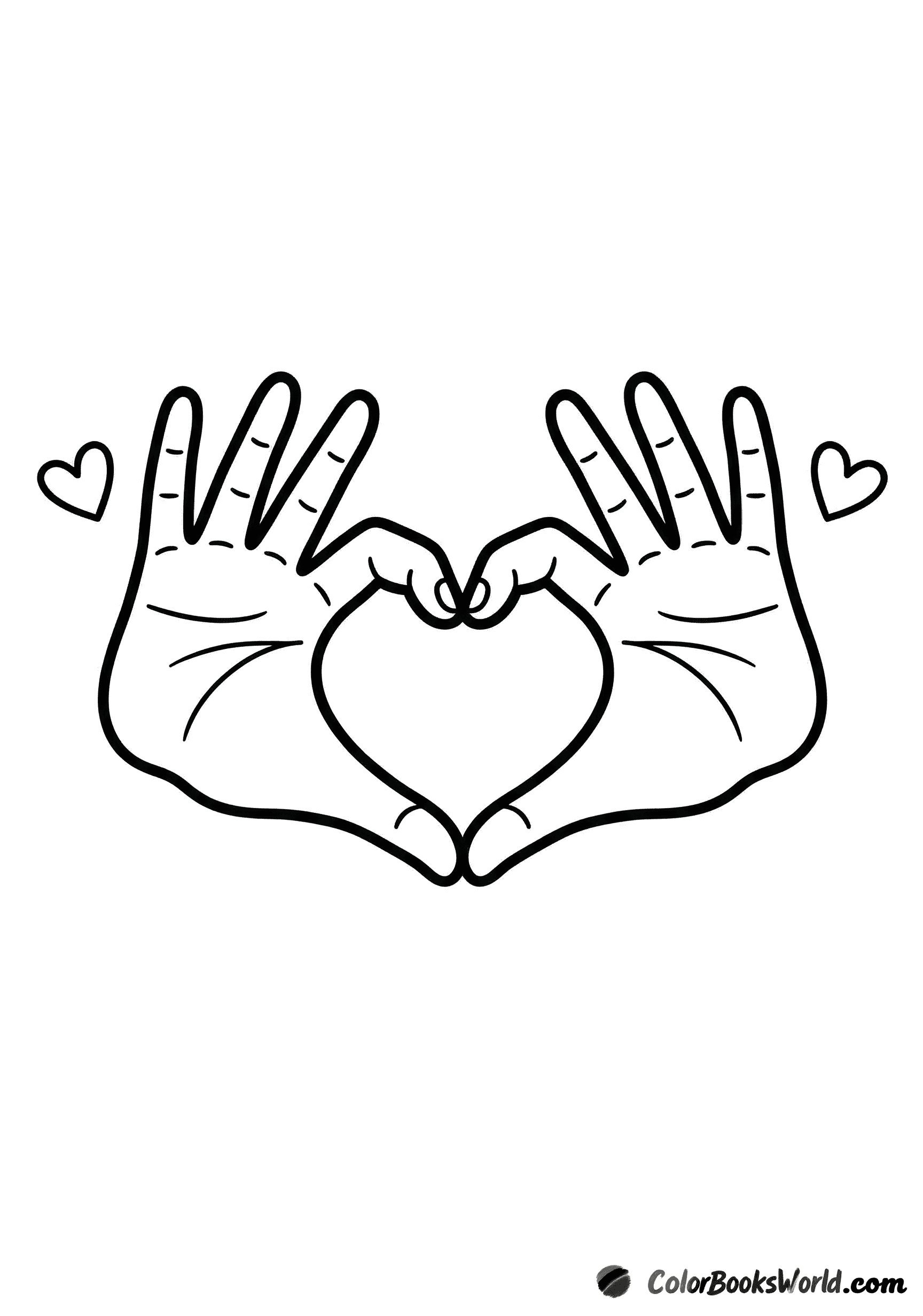 Two child handprints form a heart shape, with two small decorative hearts beside them.