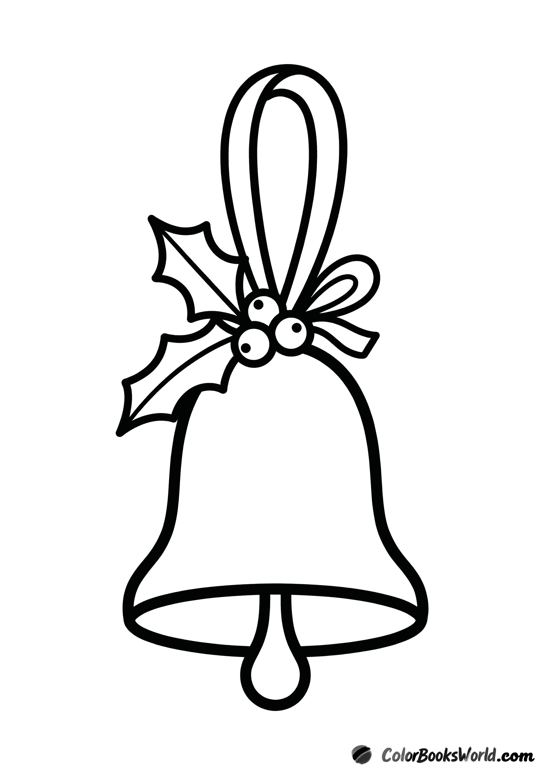 Hanging Christmas bell ornament with a ribbon loop, small bow, and a sprig of holly.
